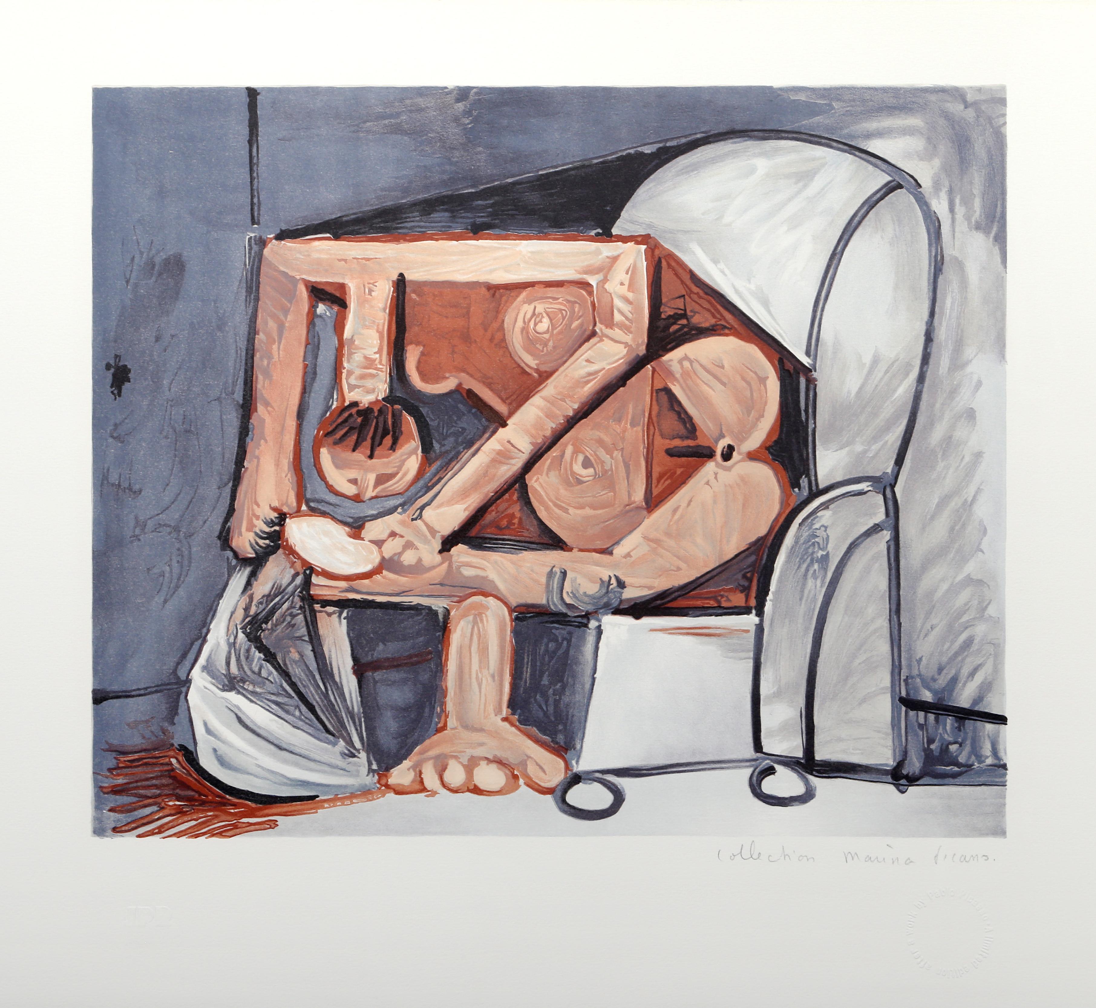 In this Pablo Picasso print, the artist has depicted a nude figure sitting in a plush chair, slumping forward to rest its elbows on its knees. Lacking any specific detail, this work is a classic example of Cubism for its emphasis on color and shape