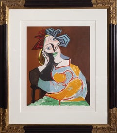 Femme Accoudée au Drapeau Bleu et Rouge, Litografia incorniciata di Pablo Picasso (after) Pablo Picasso