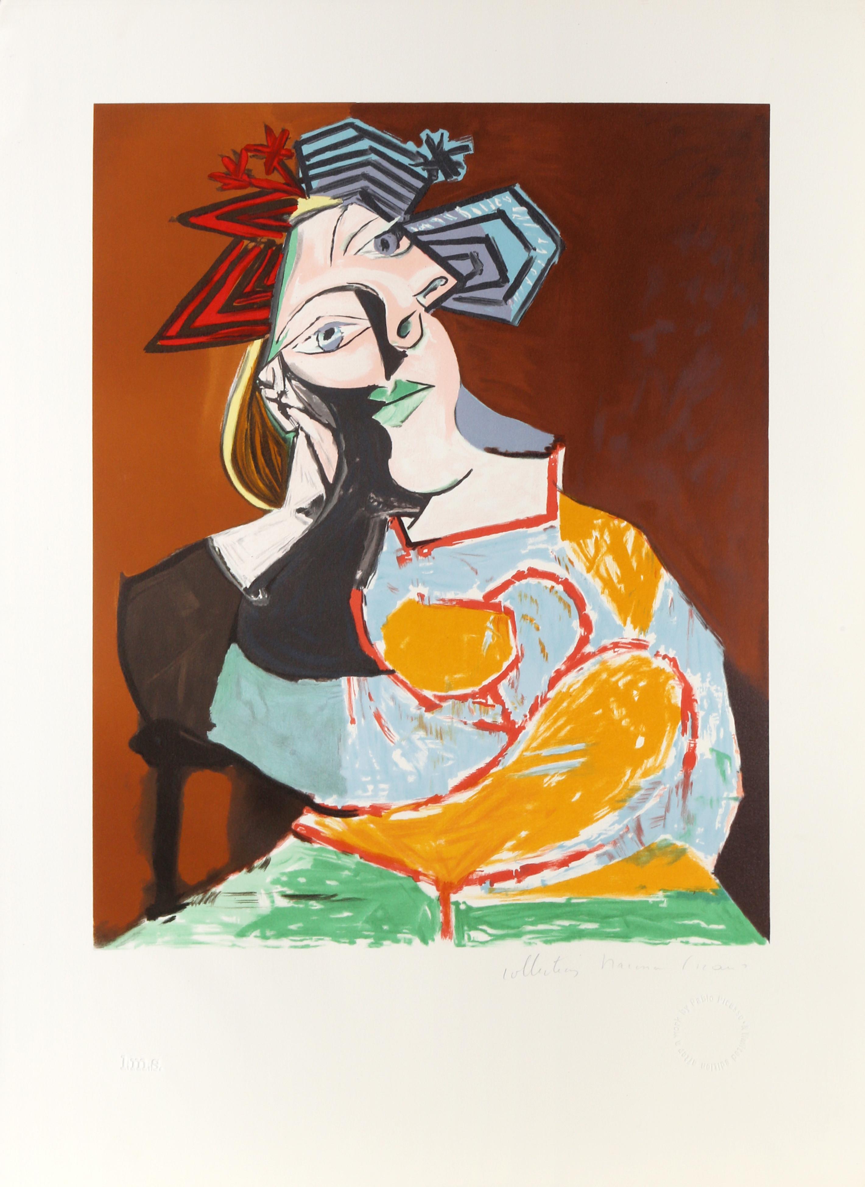 Leaning against a blue and red flag, the woman in this print by Pablo Picasso stares back at the viewer with her large blue eyes. Wearing a patterned outfit, she is portrayed through several curving and rectangular geometric shapes emblematic of the