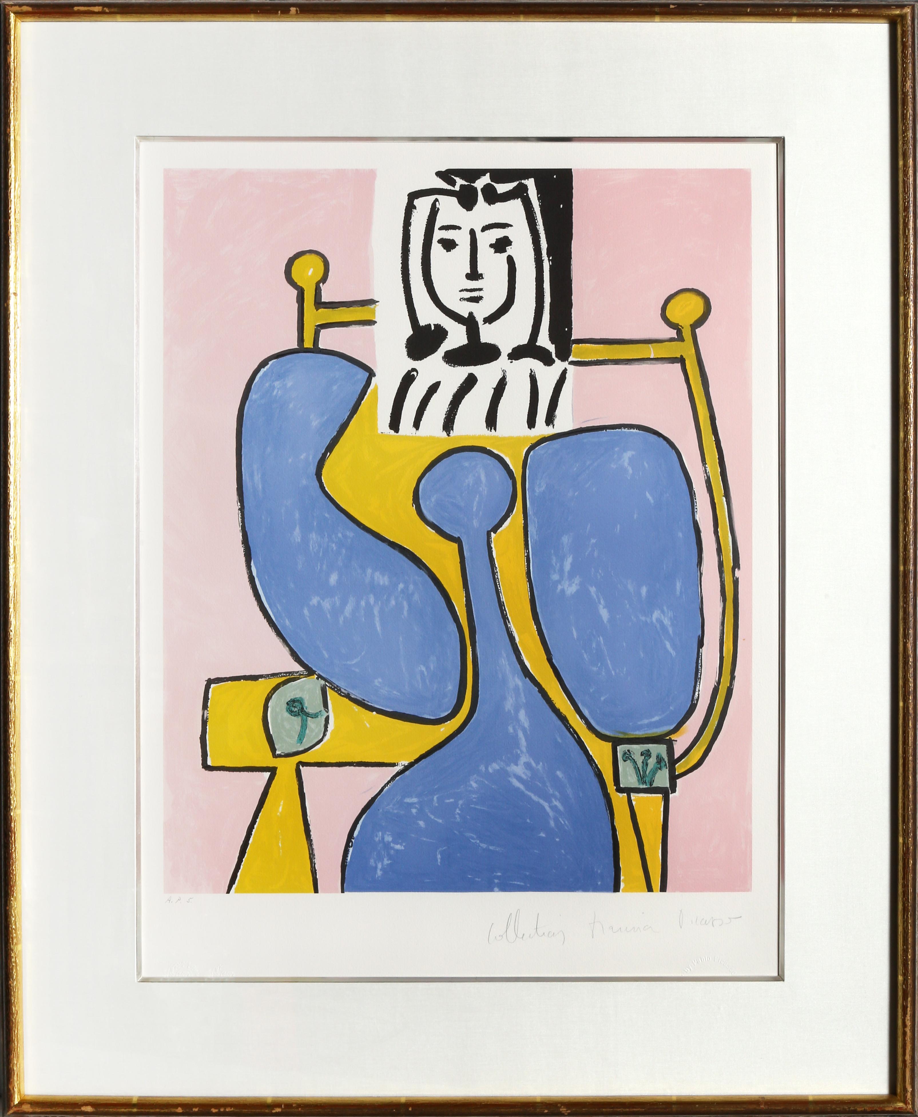 A lithograph from the Marina Picasso Estate Collection after the Pablo Picasso painting "Femme Assise a la Robe Bleue".  The original painting was completed in 1949. In the 1970's after Picasso's death, Marina Picasso, his granddaughter, authorized