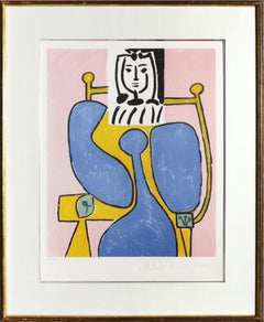 Retro Femme Assise a la Robe Bleu, Cubist Lithograph by Pablo Picasso