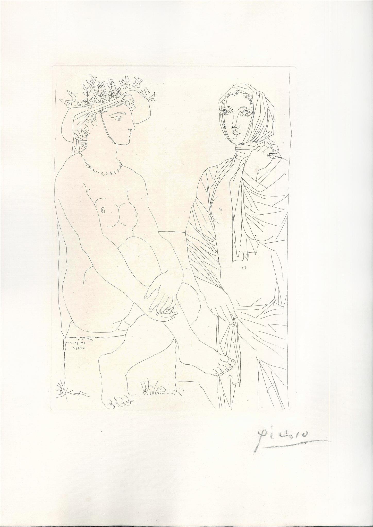 Pablo Picasso Figurative Print - Femme Assise au Chapeau et Femme Debout Drapée . Original Etching by P. Picasso