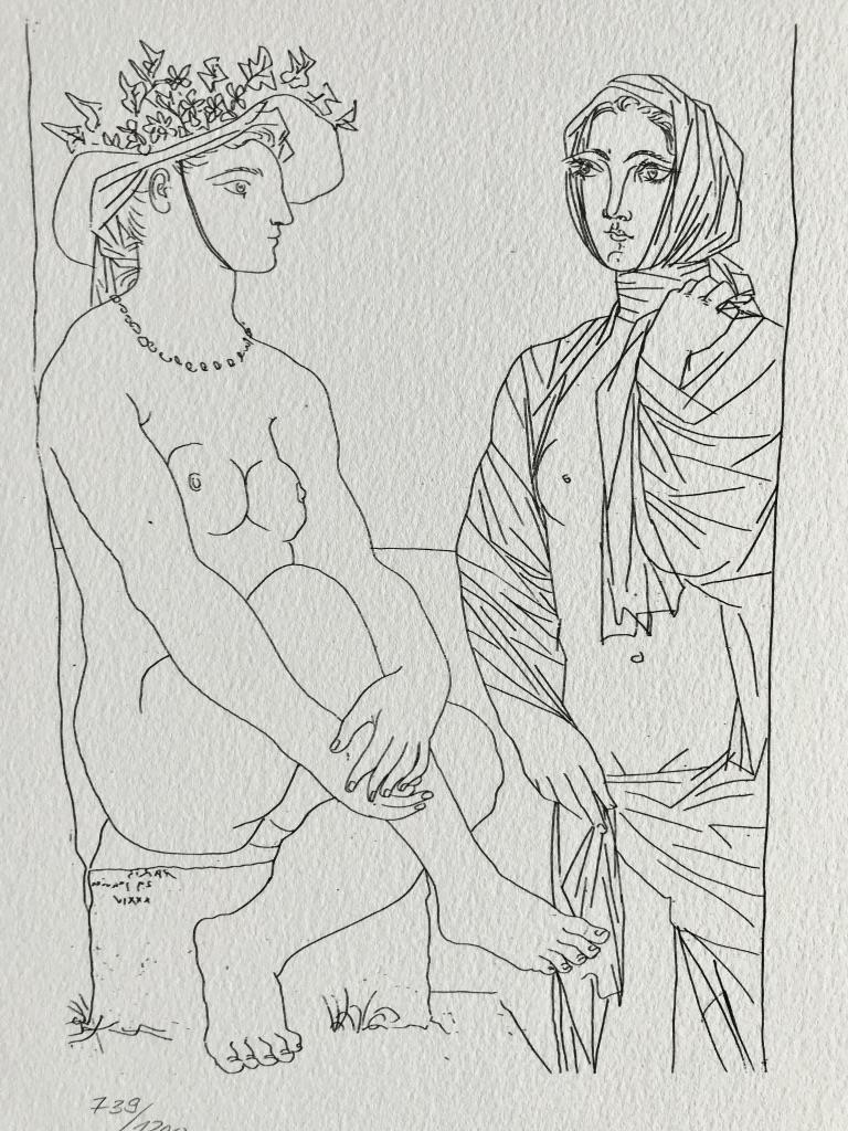 Pablo Picasso Portrait Print -  	Femme assise au Chapeau et Femme debout drappée (Suite Vollard Planche LXXIX)