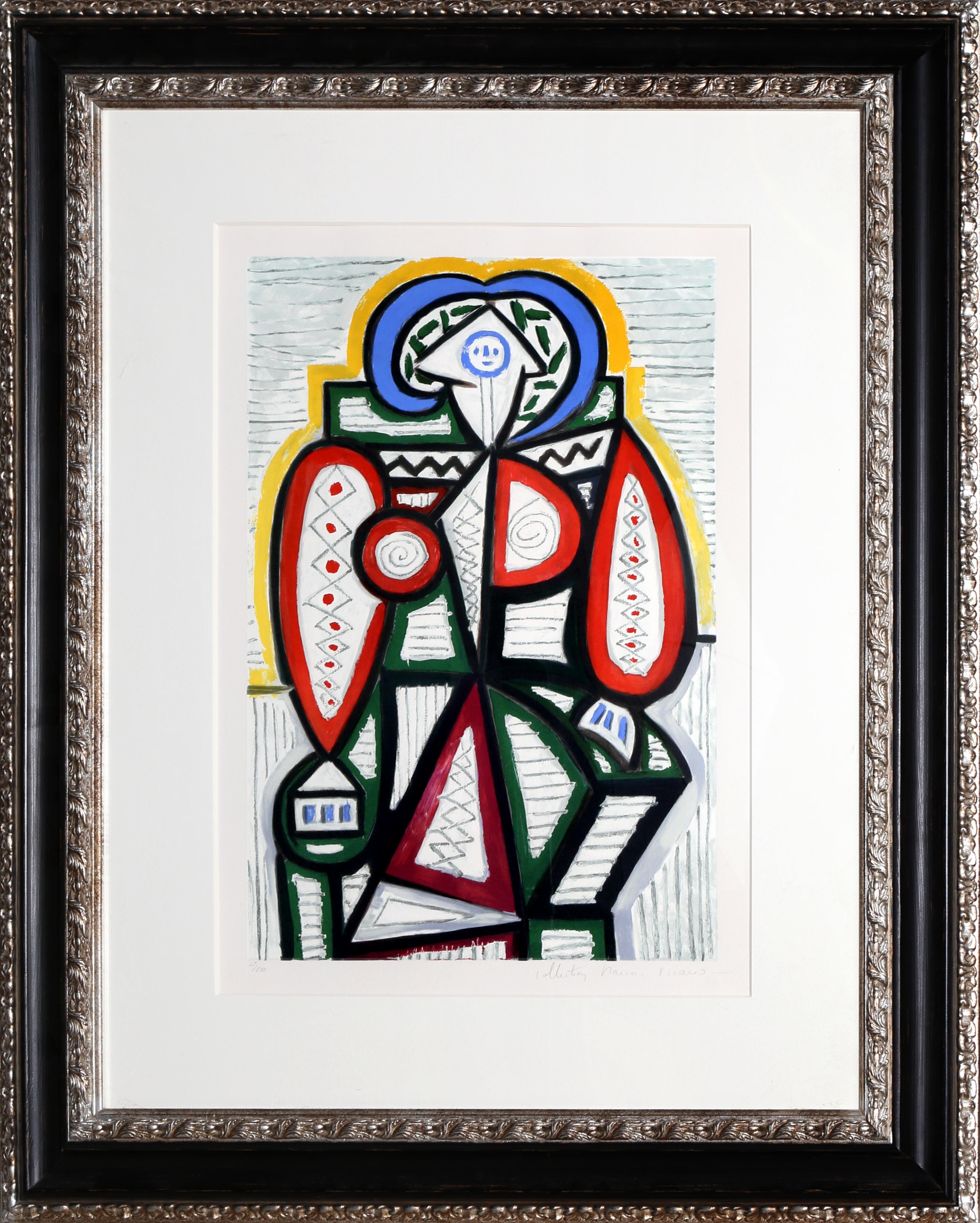 Eine Lithographie aus der Marina Picasso Estate Collection nach dem Gemälde "Femme Assise" von Pablo Picasso. Das Originalgemälde wurde 1947 fertiggestellt. In den 1970er Jahren, nach Picassos Tod, autorisierte Marina Picasso, seine Enkelin, die