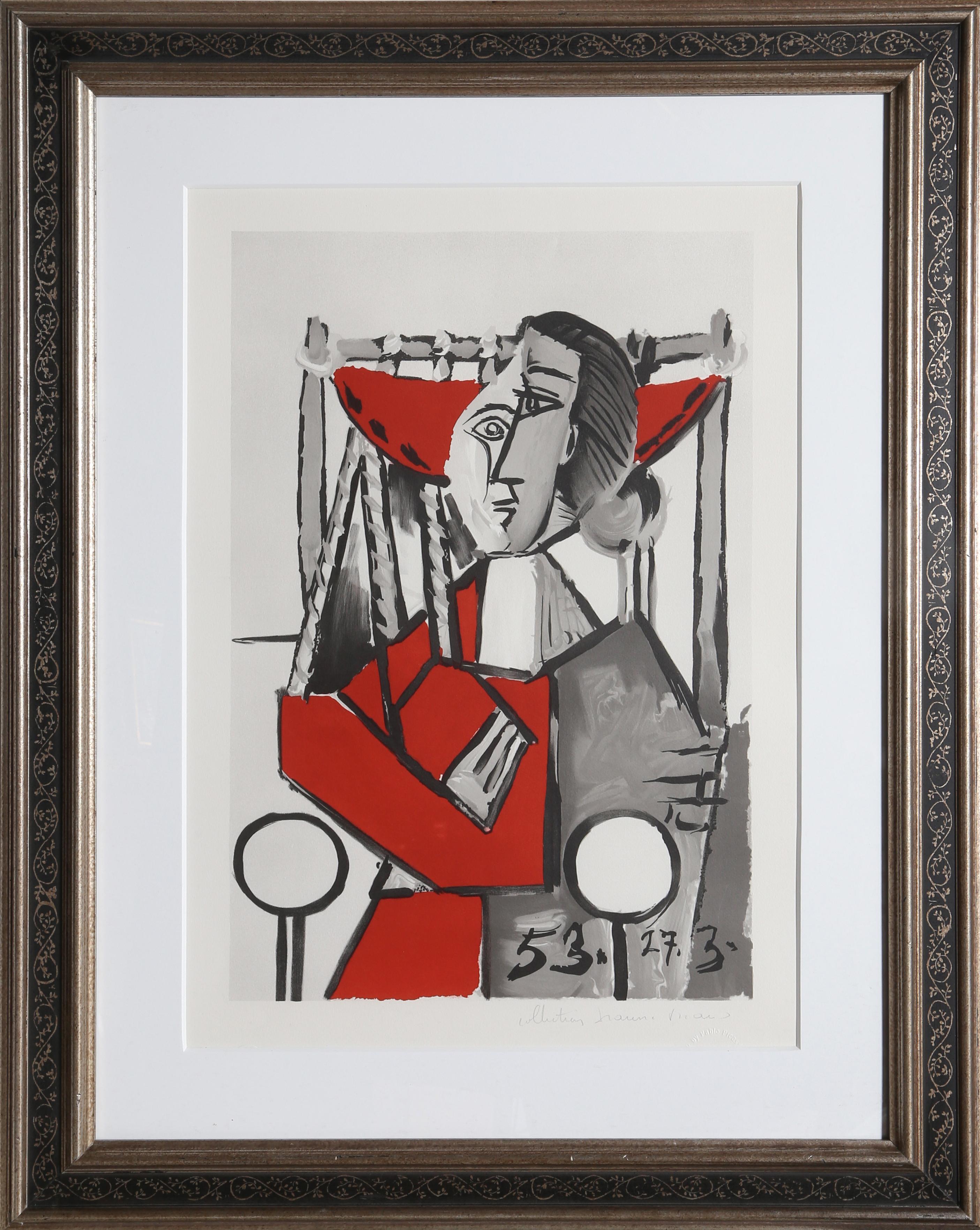 Pablo Picassos Darstellung einer Frau in einem Sessel ist ein klassisches Beispiel für seinen avantgardistischen kubistischen Stil. Die Figur der Frau, die aus einer Reihe von kantigen Formen und dicken Linien besteht, erscheint fragmentiert und auf