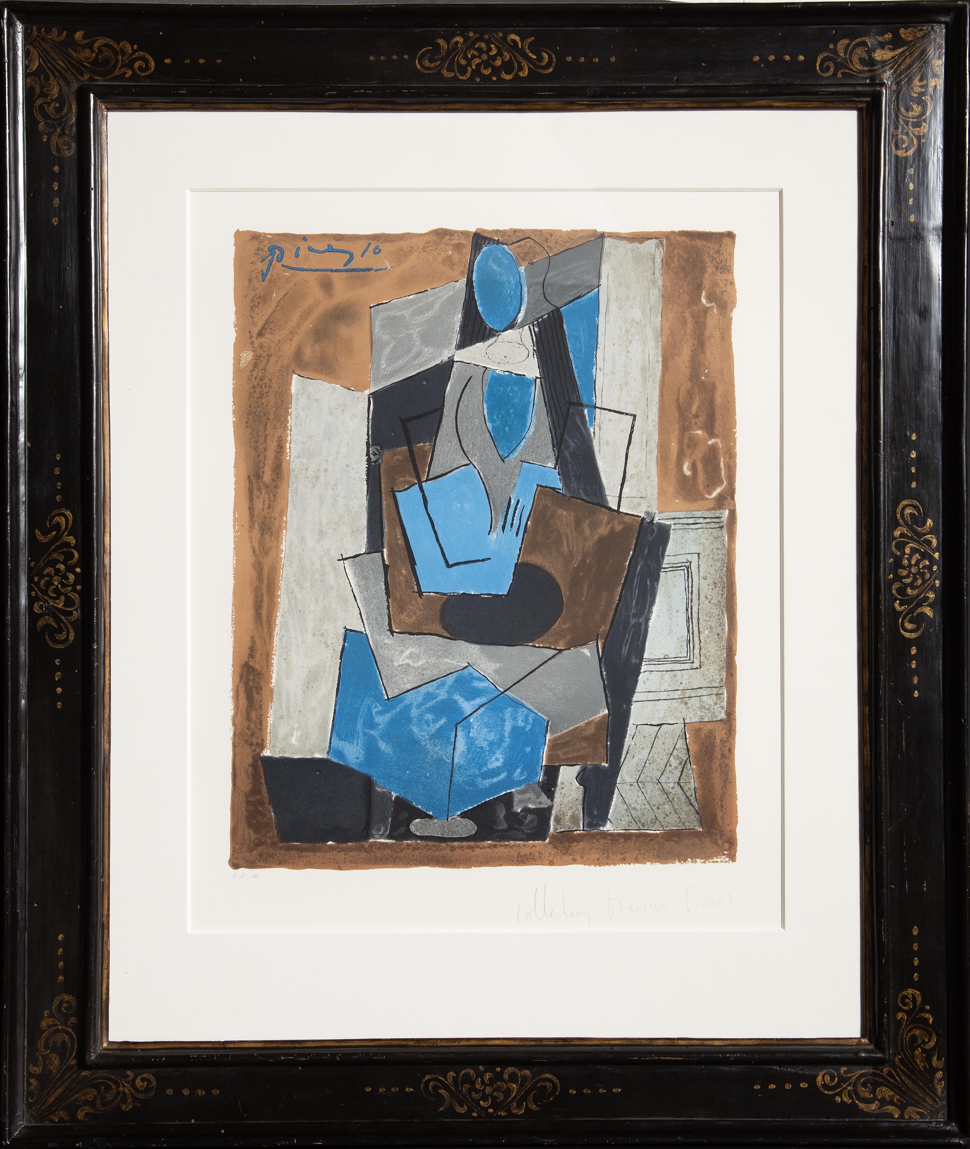 Reduced to angular shapes, the female model in this Pablo Picasso print is portrayed in the Cubist style founded and propagated by the artist himself. Relying on invented perspective, the artist refutes realistic perspective and instead combines