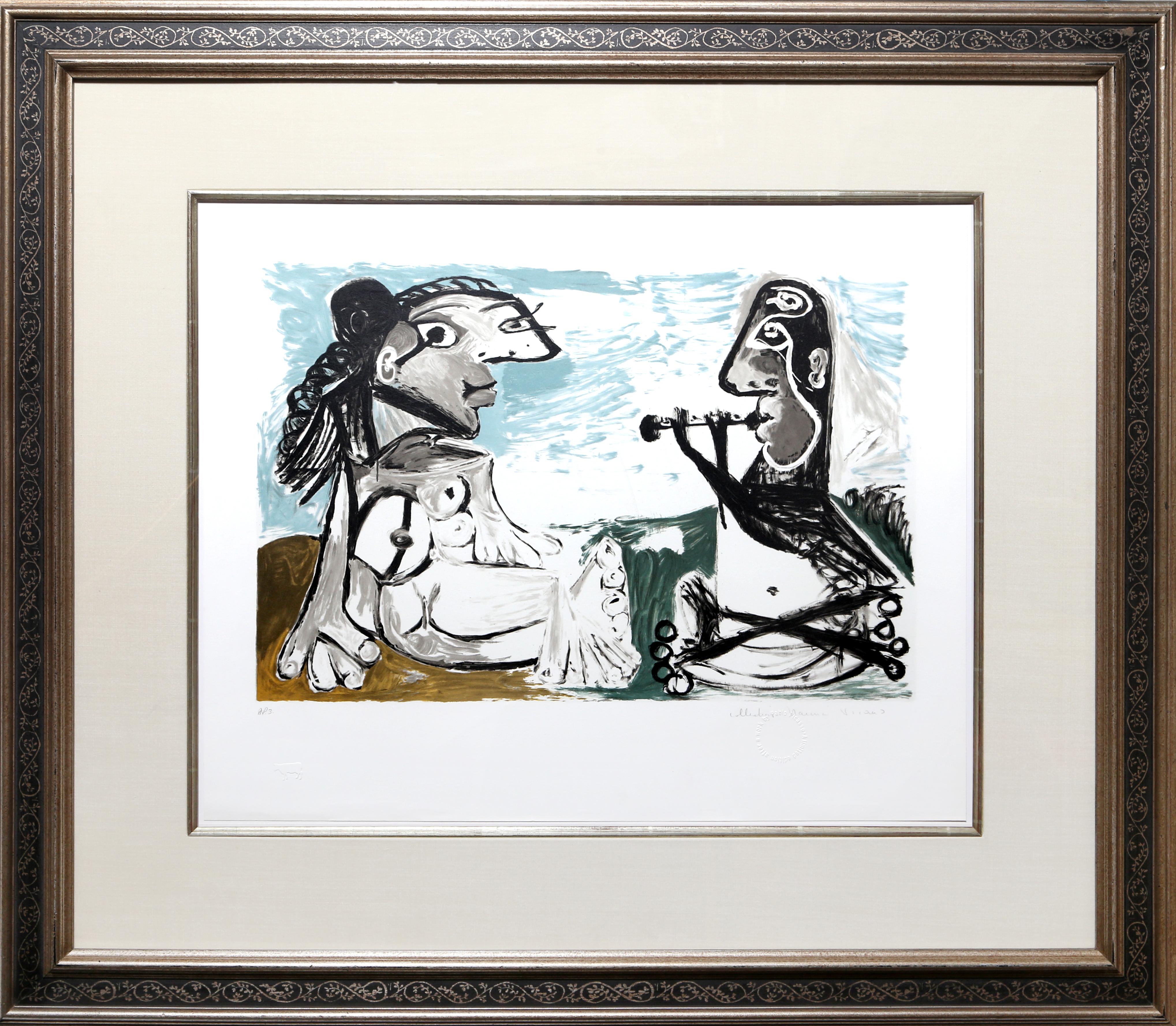 Eine Lithographie aus der Nachlasssammlung Marina Picasso nach dem Gemälde "Femme Assise et Joueur de Flute" von Pablo Picasso.  Das Originalgemälde wurde 1967 fertiggestellt. In den 1970er Jahren, nach Picassos Tod, autorisierte Marina Picasso,