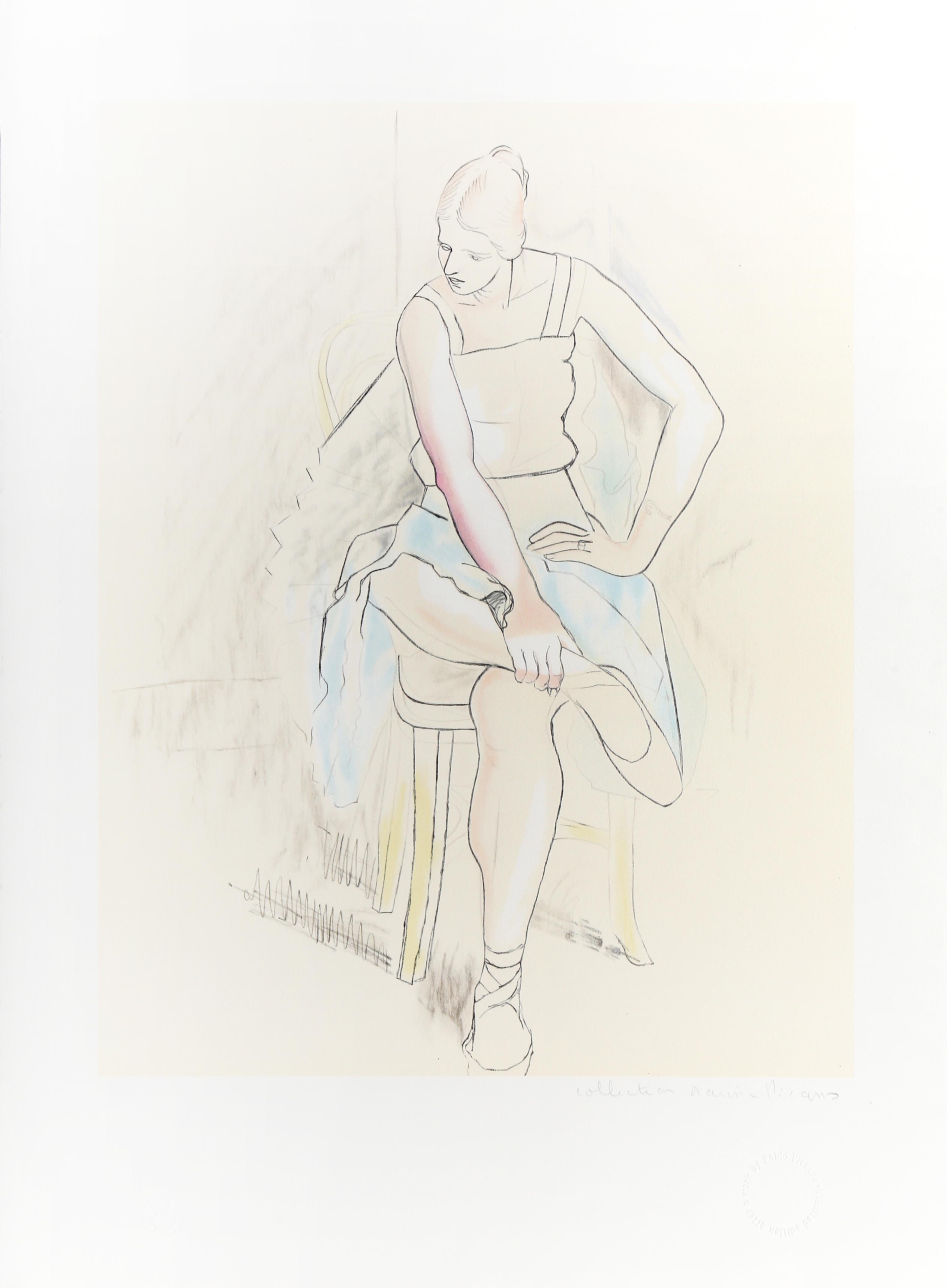 In this minimalist composition, Pablo Picasso depicts a ballet dancer as she rests in a chair and massages her leg. Slightly faded into the background, the dancer is rendered in a simplistic style in which the artist has outlined the contours of her