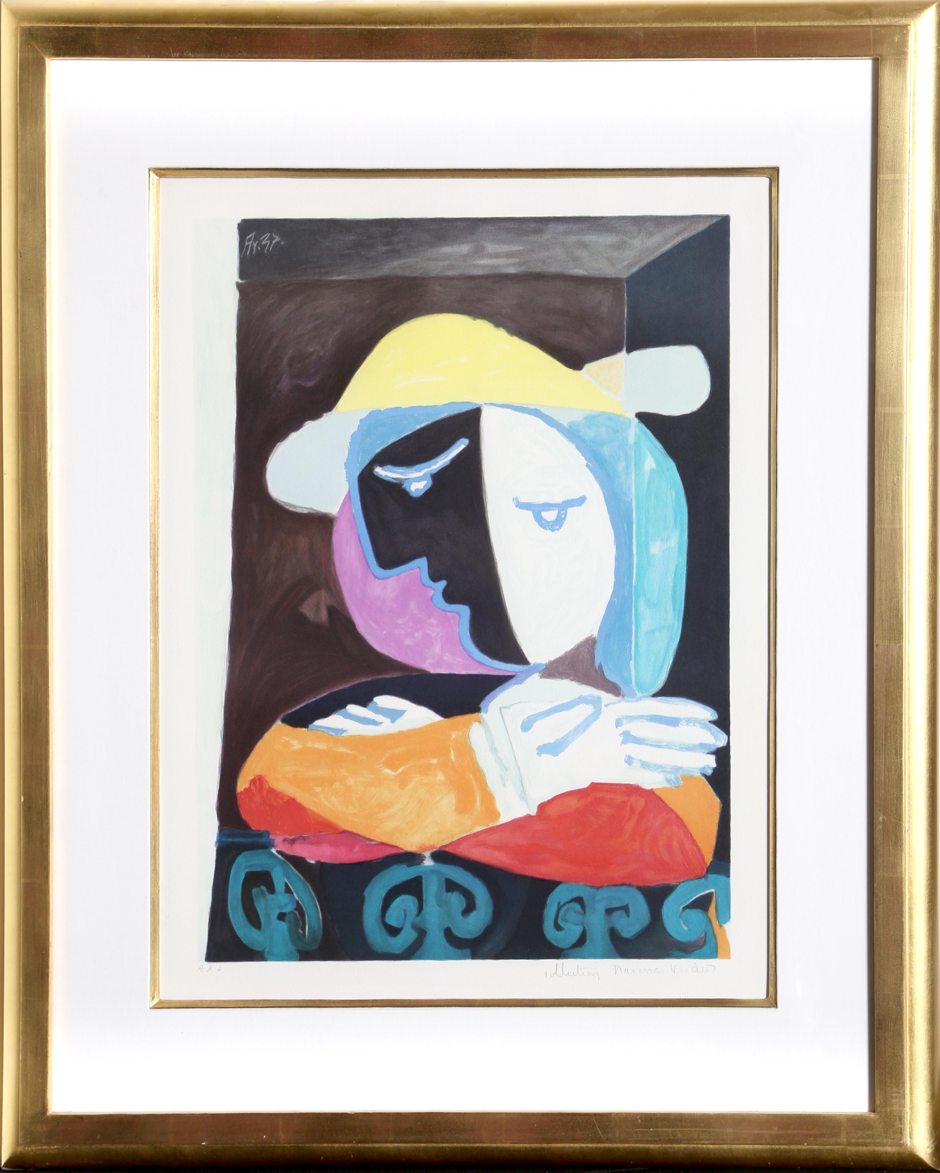 Leaning against the curved railing of the balcony, the model in this print is depicted through a series of shapes and forms of varying colors layered over one another. A lithograph from the Marina Picasso Estate Collection after the Pablo Picasso