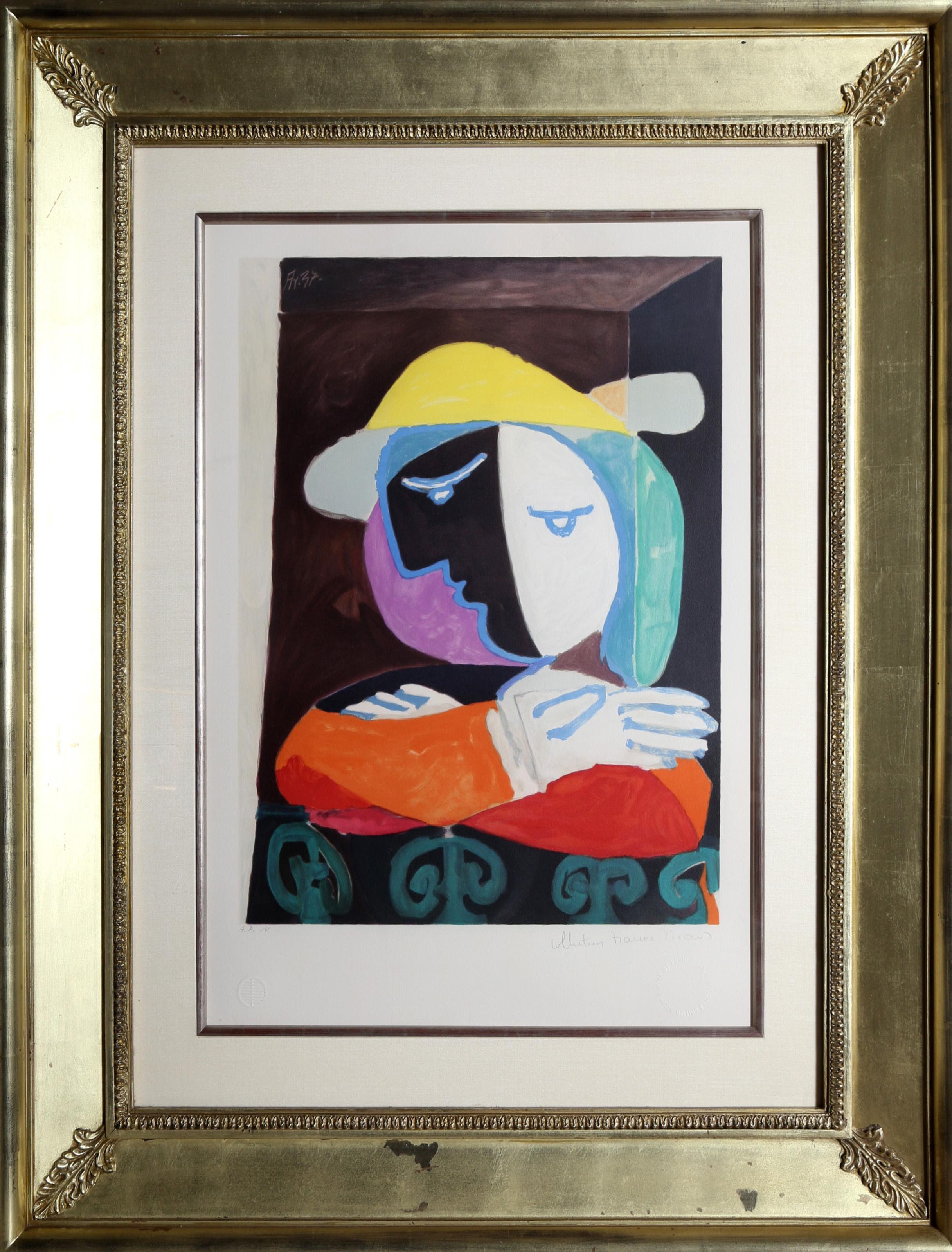 Leaning against the curved railing of the balcony, the model in this print is depicted through a series of shapes and forms of varying colors layered over one another. A typical example of Pablo Picasso’s work, this print demonstrates the artist’s