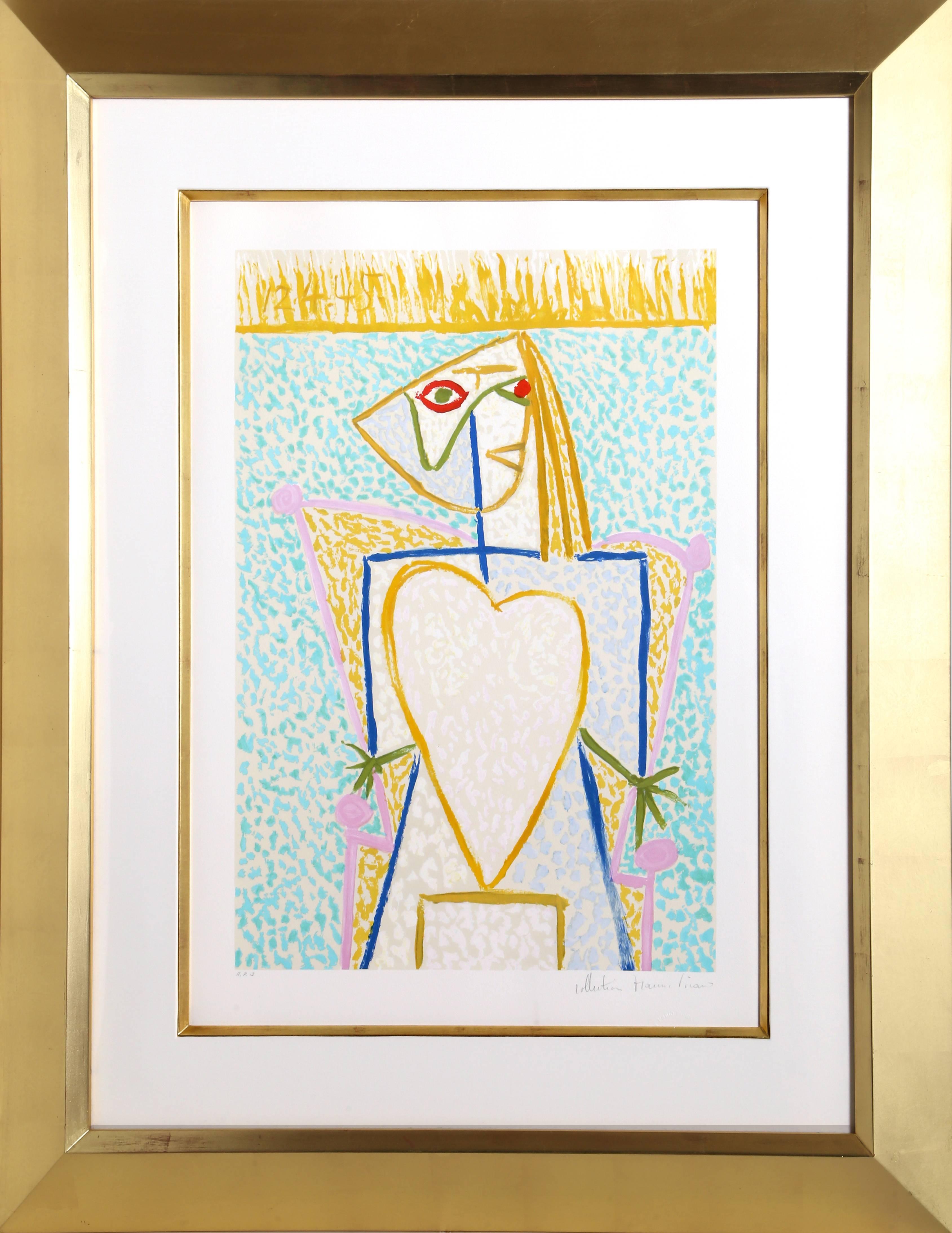 Sitting in an armchair, the woman with a heart-shaped torso is rendered with simple rectangular shapes outlined by cobalt blue and bright yellow. Set against a soft pastel background of pink and blue, Pablo Picasso's print features the artist's
