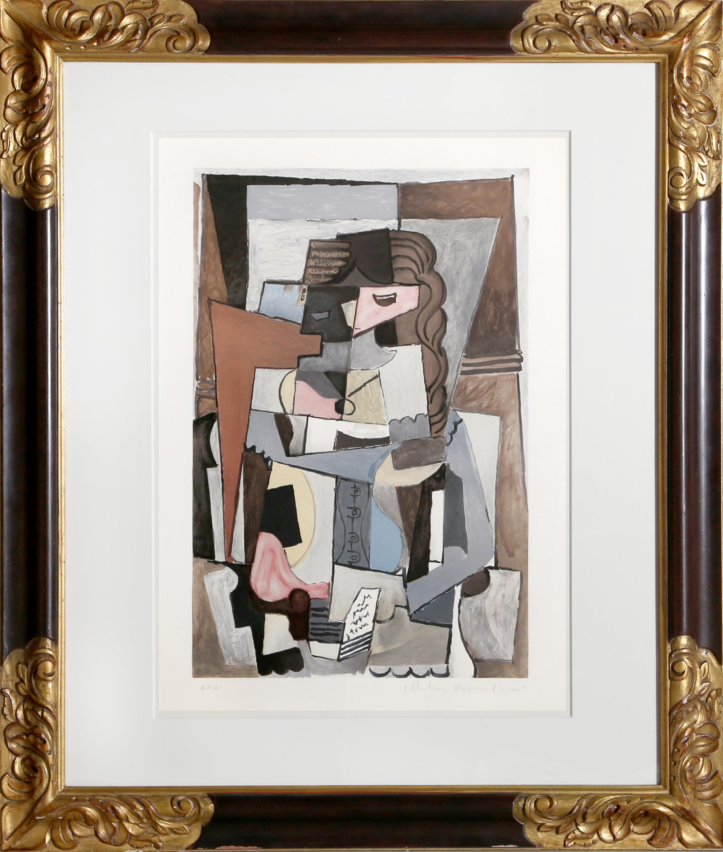 Eine Lithographie aus der Nachlasssammlung Marina Picasso nach dem Gemälde "Femme au Corset Tesant un Livre" von Pablo Picasso.  Das Originalgemälde wurde 1918 fertiggestellt. In den 1970er Jahren, nach Picassos Tod, autorisierte Marina Picasso,