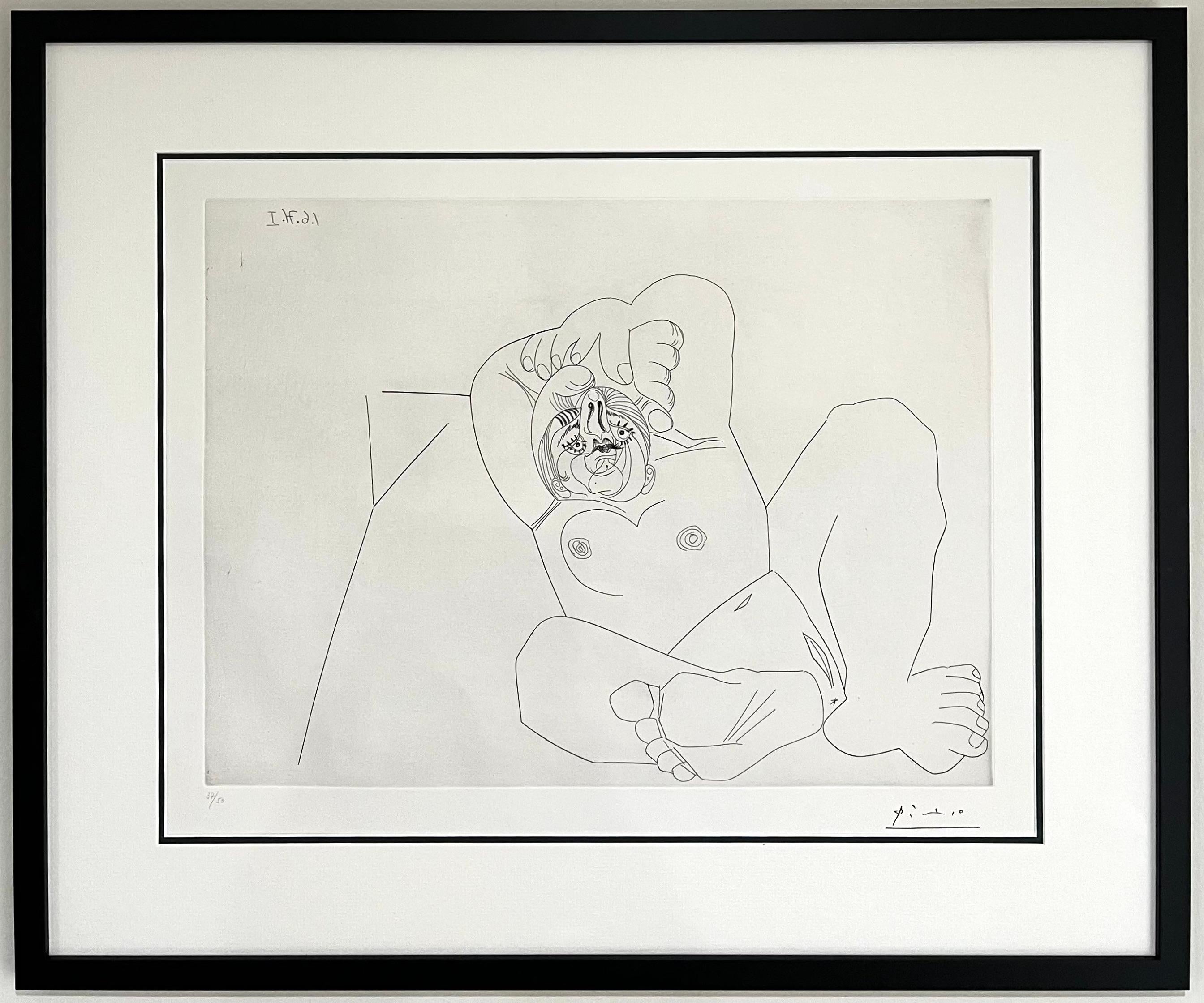 Pablo Picasso (nach)
Femme au grand nez, en raccourci, sur un lit (Frau mit großer Nase)
Radierung auf BFK Rives Papier
Posthum veröffentlicht im Jahr 1978, gedruckt vor 1975
Tafel 139 aus Serie 156 
Auflage 37 von 50 mit gestempelter Signatur
Bild.