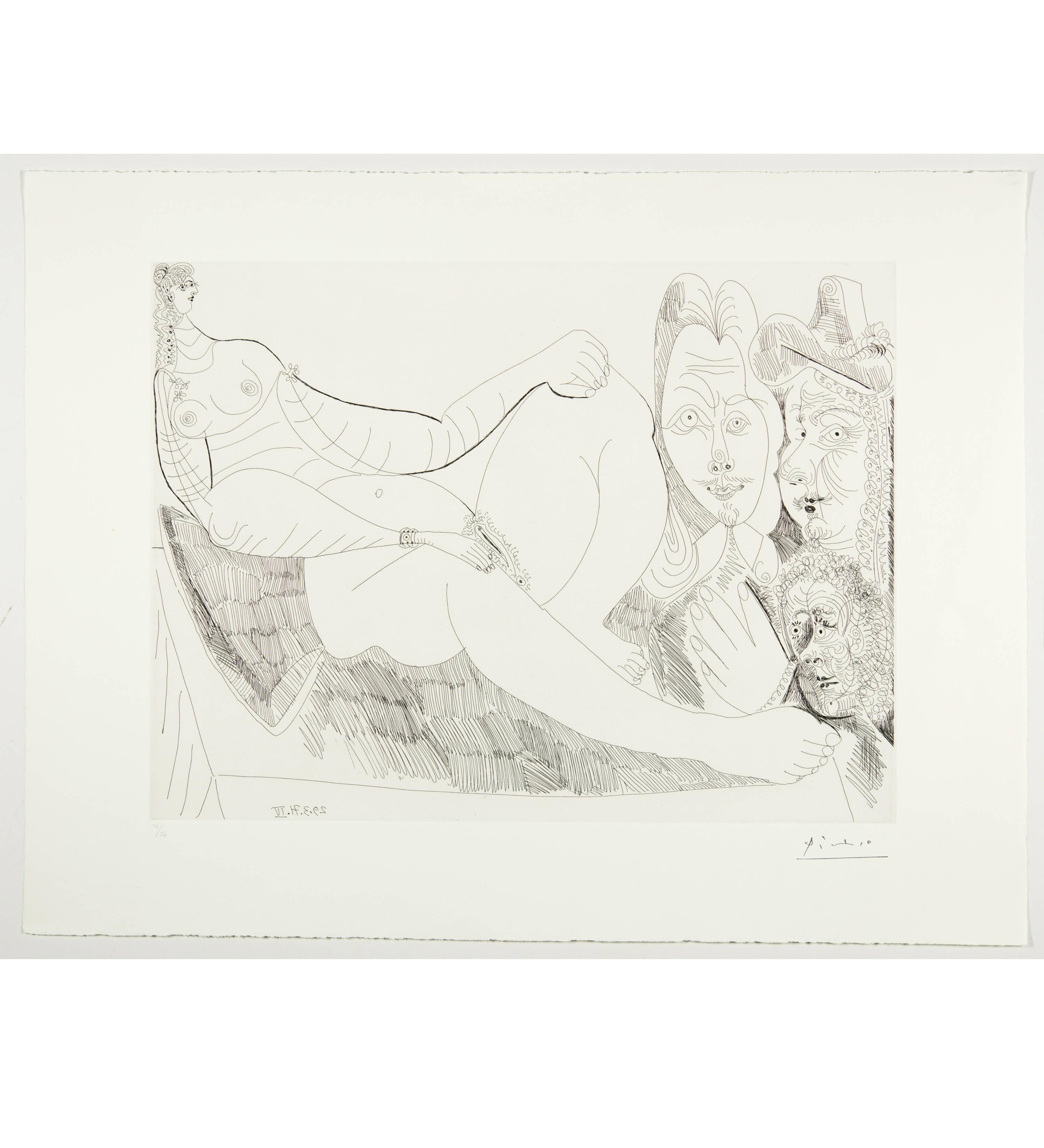 Femme au lit avec visiteurs en costume du XVIIe - Print de Pablo Picasso