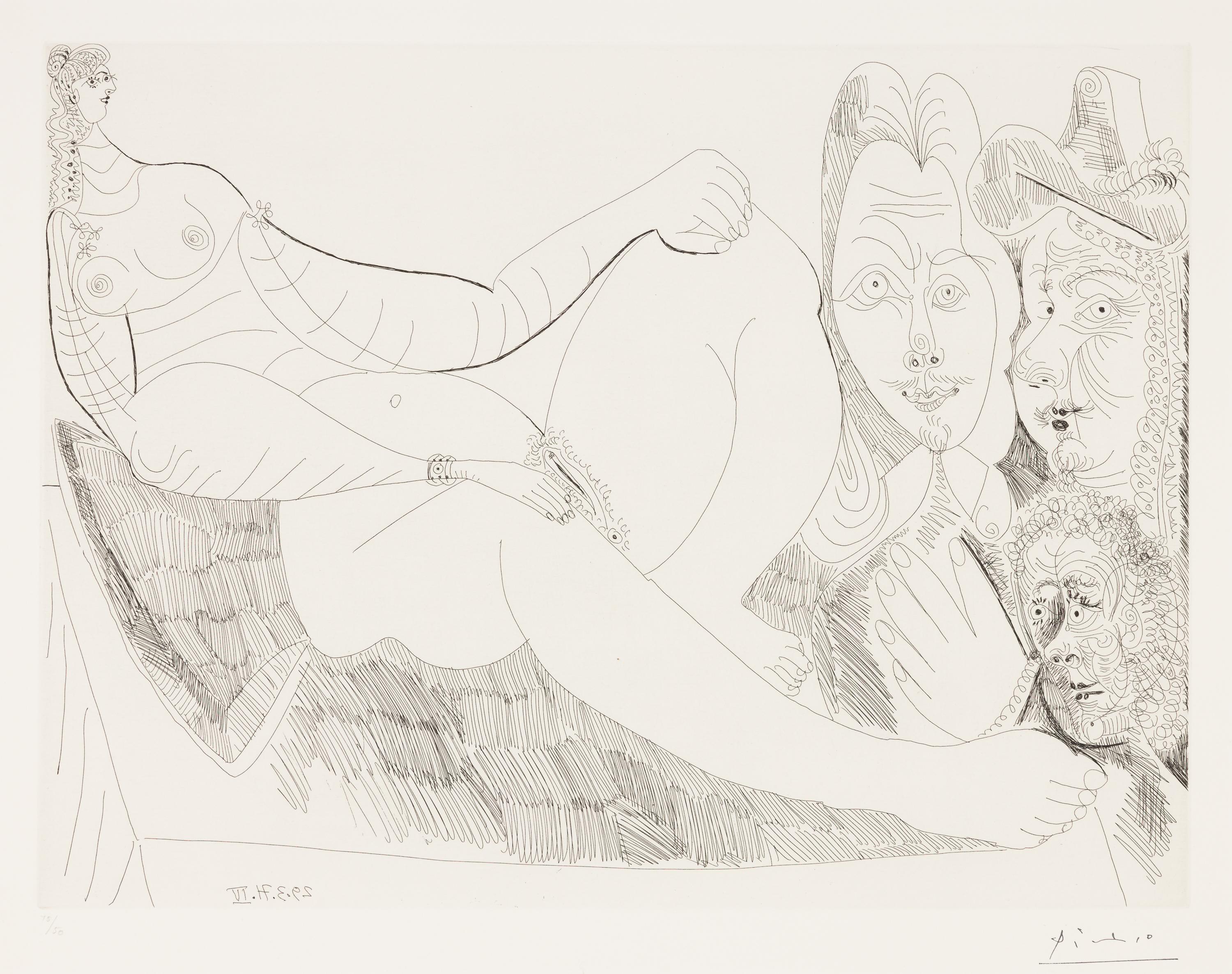 Pablo Picasso Portrait Print - Femme au lit avec visiteurs en costume du XVII