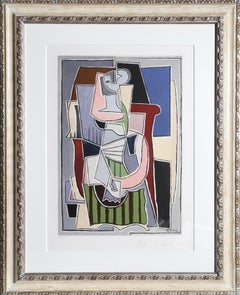 Femme au Tablier Rayer Vert, litografía cubista (after) Pablo Picasso
