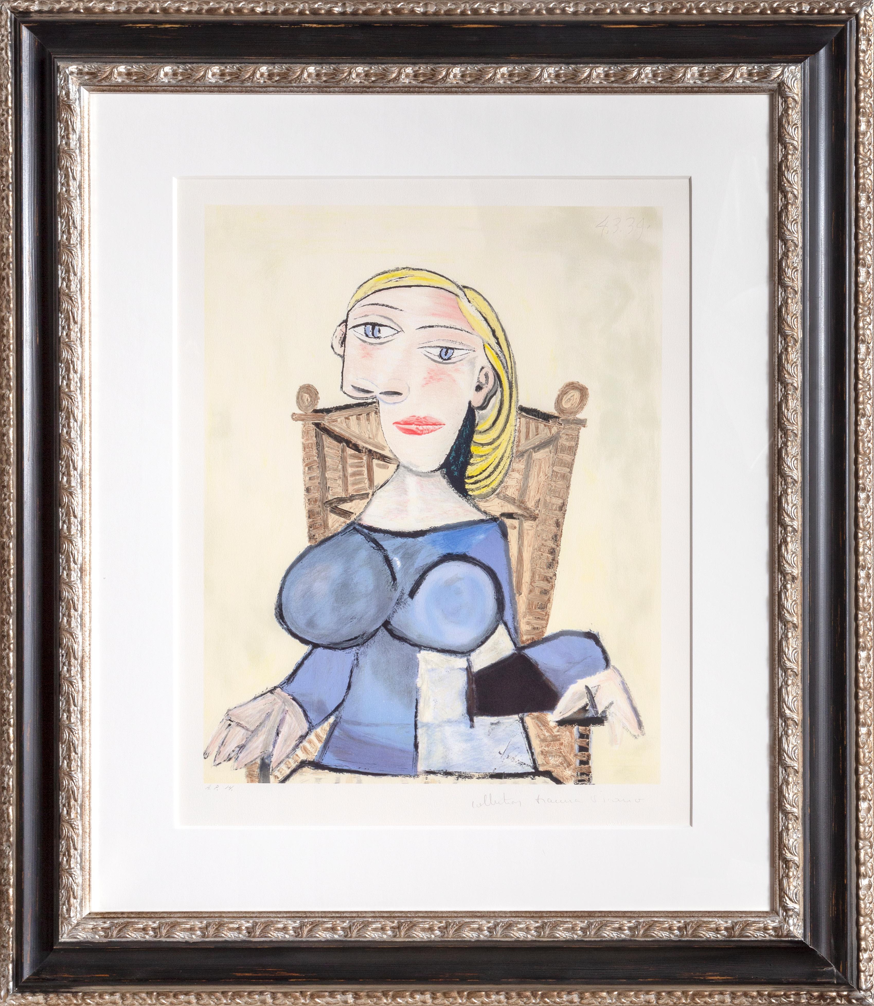 A lithograph from the Marina Picasso Estate Collection after the Pablo Picasso painting "Femme Blonde Au Fauteuil D'Osier".  The original painting was completed in 1939. In the 1970's after Picasso's death, Marina Picasso, his granddaughter,