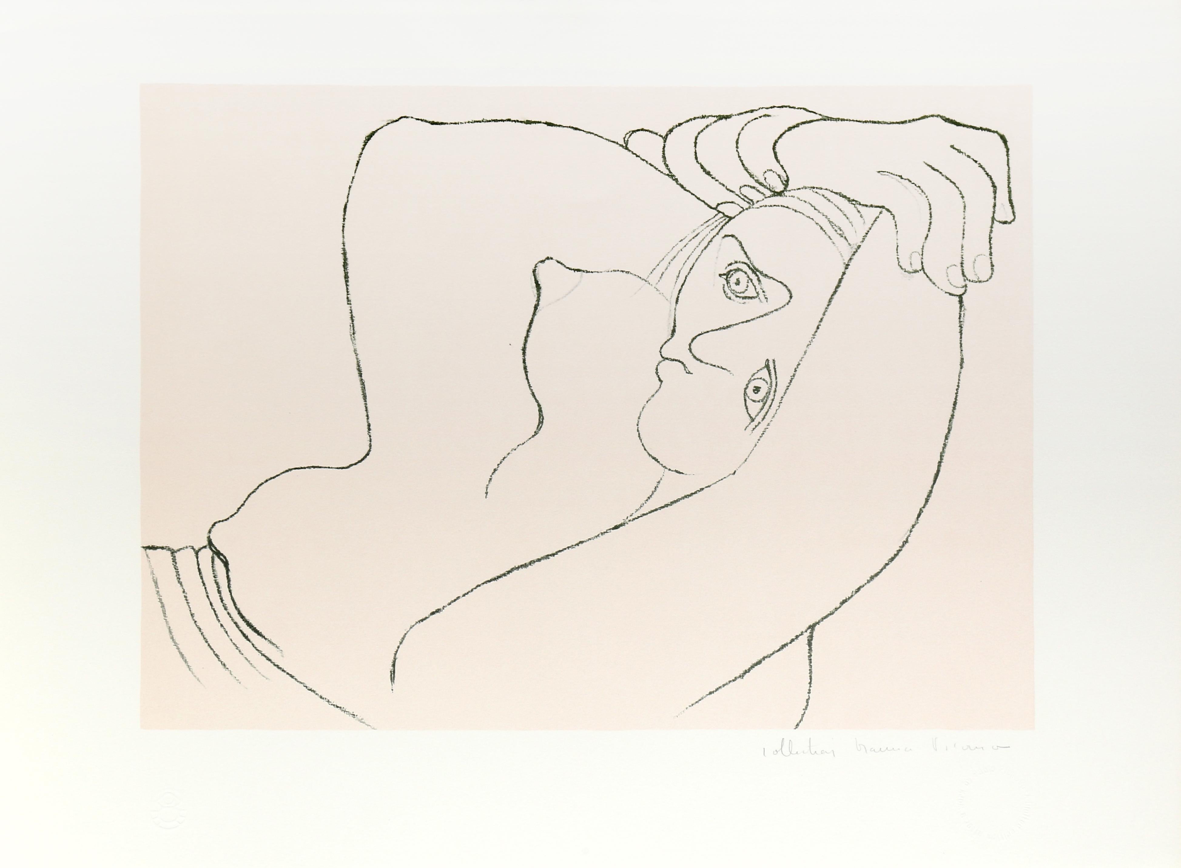 Shaded in soft hues of grey and yellow, the woman represented in Pablo Picasso's print is rendered in a Cubist style with flowing lines and forms. With her arms stretched over her head as she rests, the woman's top has fallen and her chest is