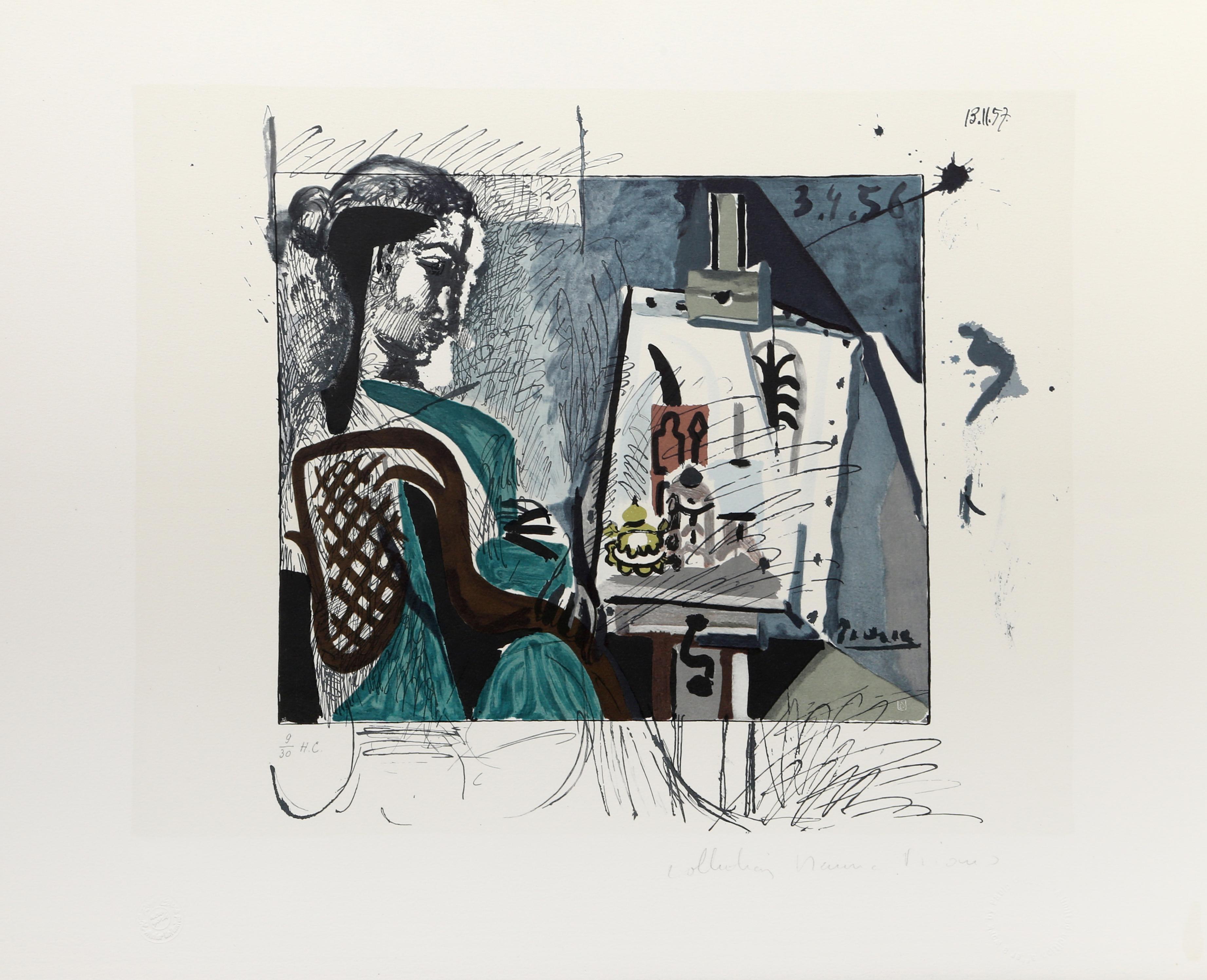 Rendered in hues of blue and grey, this portayal of a woman in an artist's workshop includes a depiction of an easel with a canvas facing the woman. Pablo Picasso's Cubist technique forgoes traditional perspective to integrate multiple views