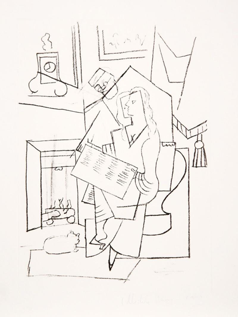 Dieser Druck von Pablo Picasso, der ausschließlich aus starren, geraden Linien besteht, ist ein gutes Beispiel für seine Beherrschung der Perspektive durch die Verwendung von Linien. In einem Wohnzimmer sitzt die Frau in ihrem Sessel und liest die