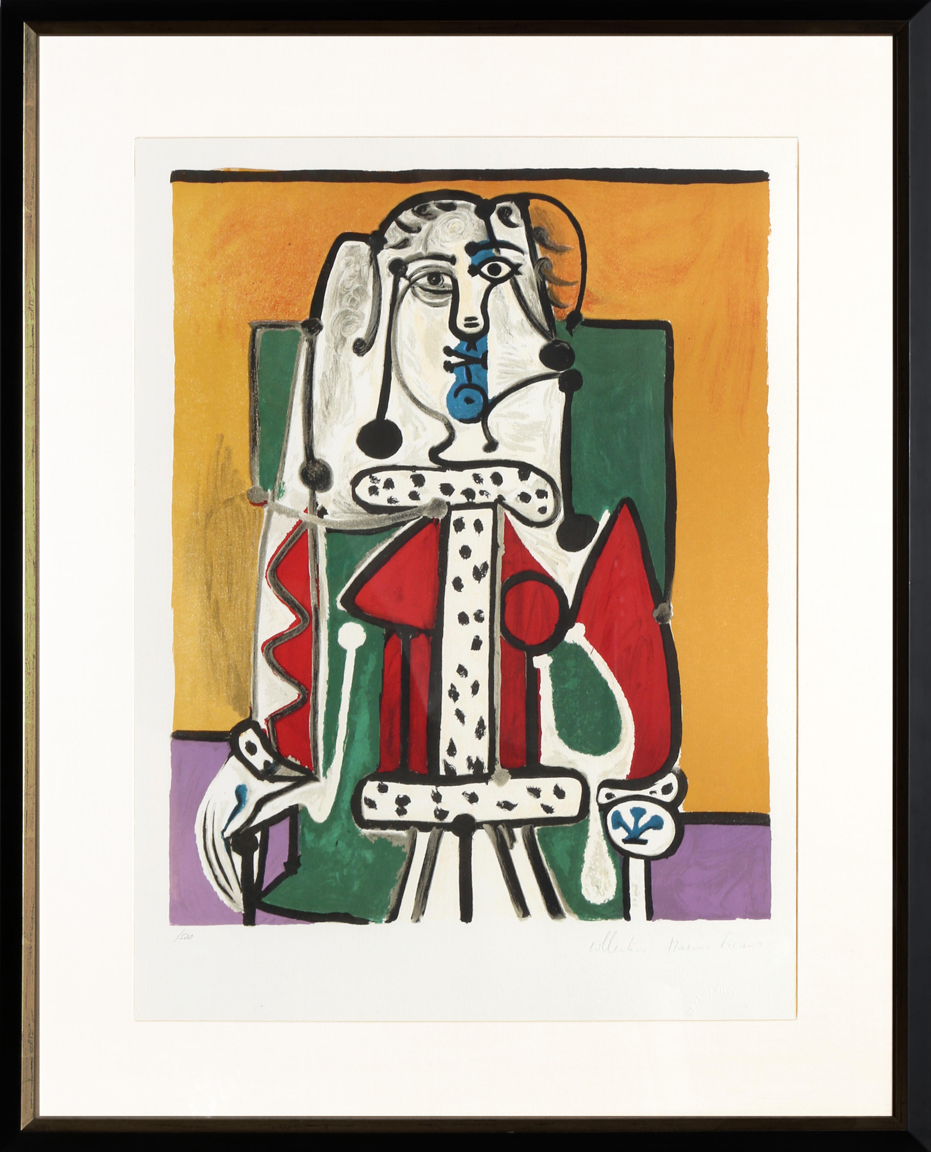 Eine Lithografie aus der Marina Picasso Estate Collection nach dem Gemälde "Femme dans un Fauteuil" von Pablo Picasso, das kürzlich für 10 Millionen USD versteigert wurde. Das Originalgemälde wurde 1948 fertiggestellt. In den 1970er Jahren, nach