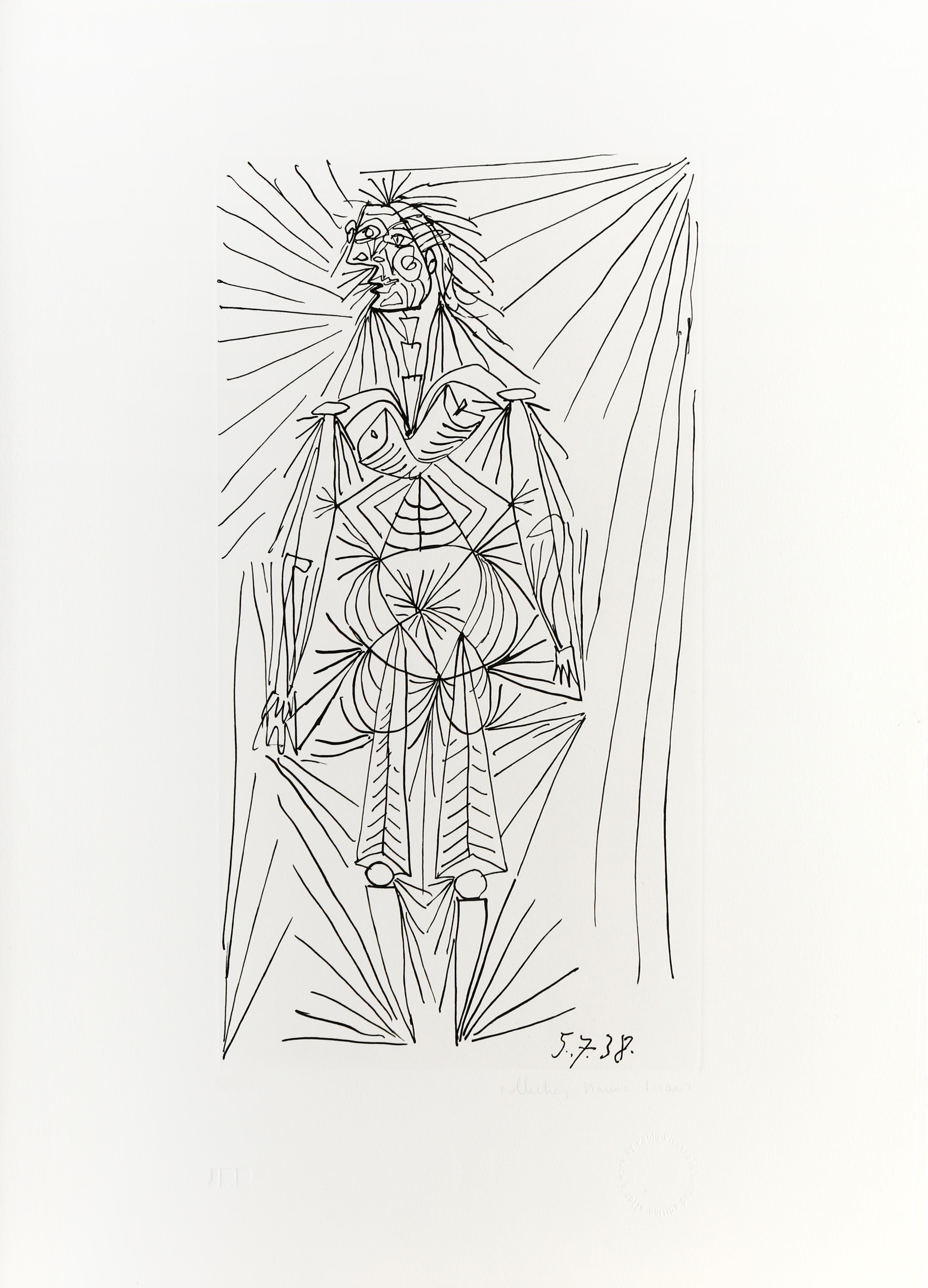 Composée uniquement de lignes droites et rigides, cette estampe de Pablo Picasso est un bel exemple de sa maîtrise de la perspective par l'utilisation de la ligne. Dans un salon, la femme est assise dans son fauteuil et lit le journal tandis qu'un