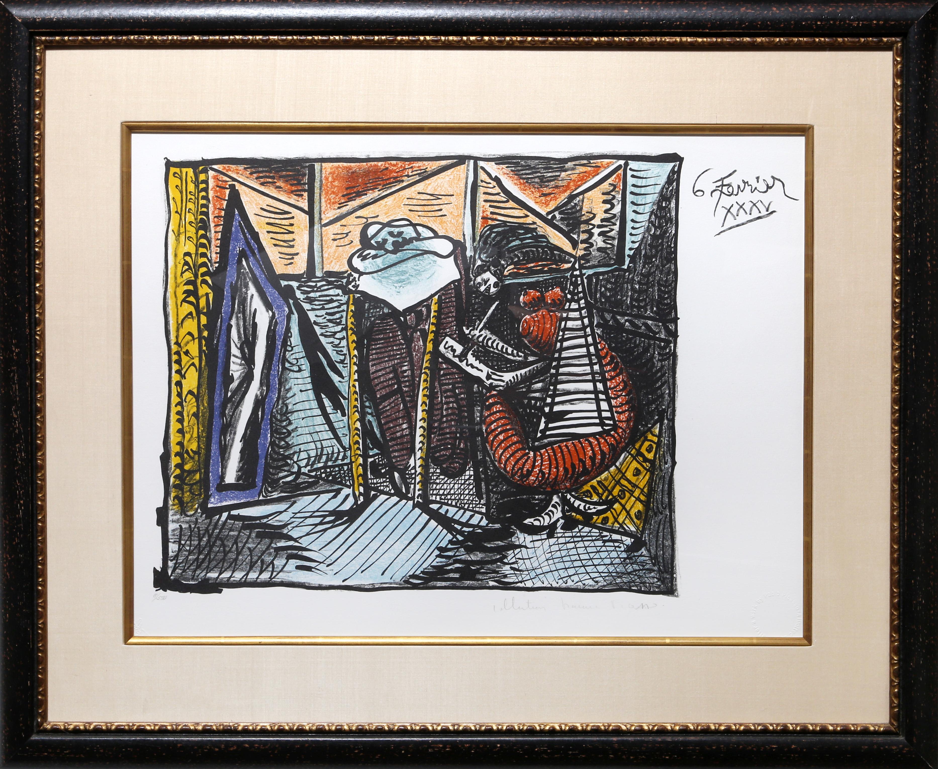 Eine Lithographie aus der Nachlasssammlung Marina Picasso nach dem Gemälde "Femme Dessinant, Femme Assoupi" von Pablo Picasso.  Das Originalgemälde wurde 1935 fertiggestellt. In den 1970er Jahren, nach Picassos Tod, autorisierte Marina Picasso,