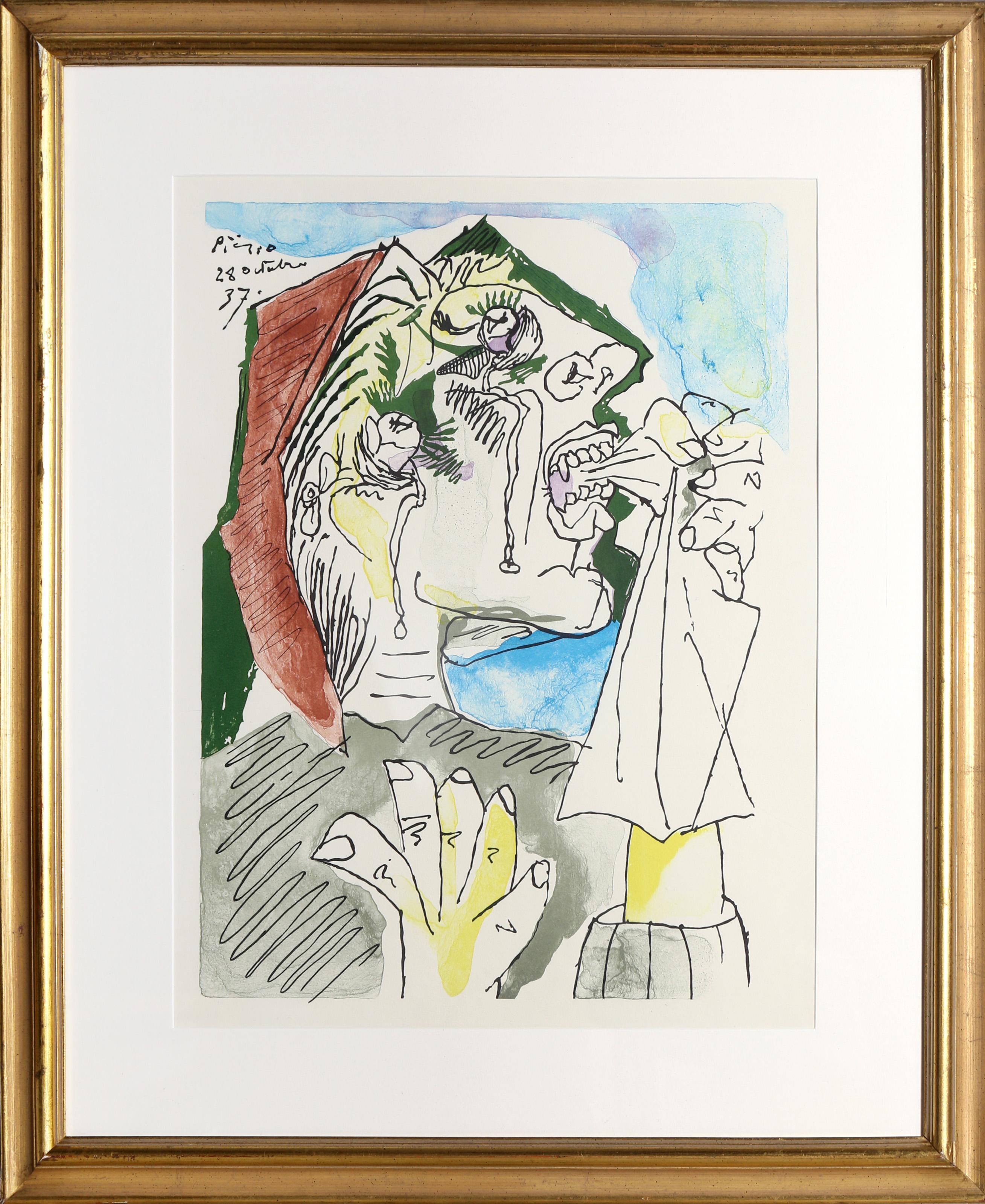 Pablo Picasso, After, Spanish (1881 - 1973) - Femme en Pleurs. Year of Original: 1937, Medium: Lithograph on Wove Paper, signed in the plate, Image Size: 23 x 17 inches, Size: 26.5 x 20 in. (67.31 x 50.8 cm), Frame Size: 35 x 29 inches, Description: