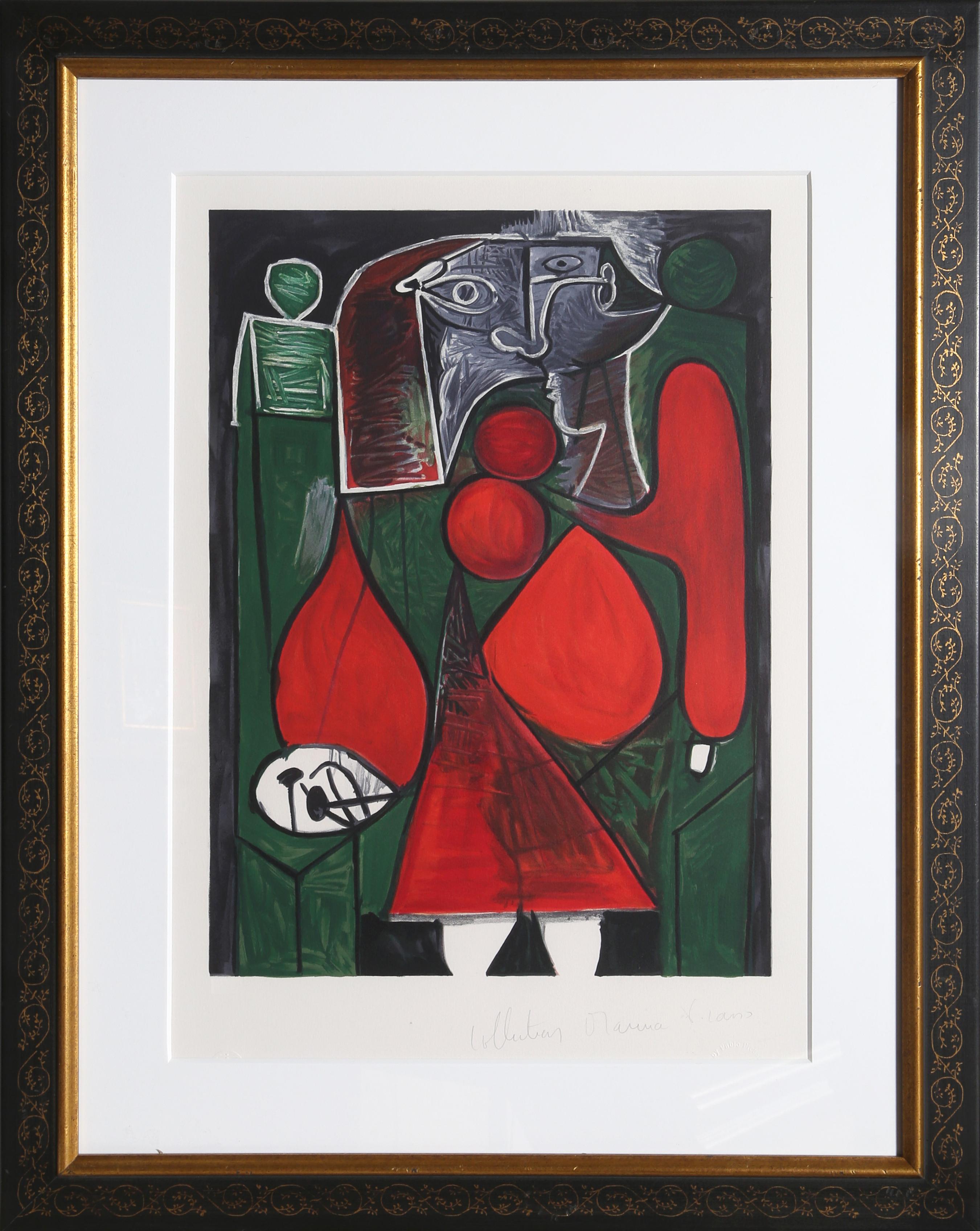 Resting in an armchair, the woman dressed in vibrant red appears fragmented and angular due to the artist’s reduction of her figure into geometric forms. Pablo Picasso’s portrayal of the woman is viewed from multiple perspectives, refuting the