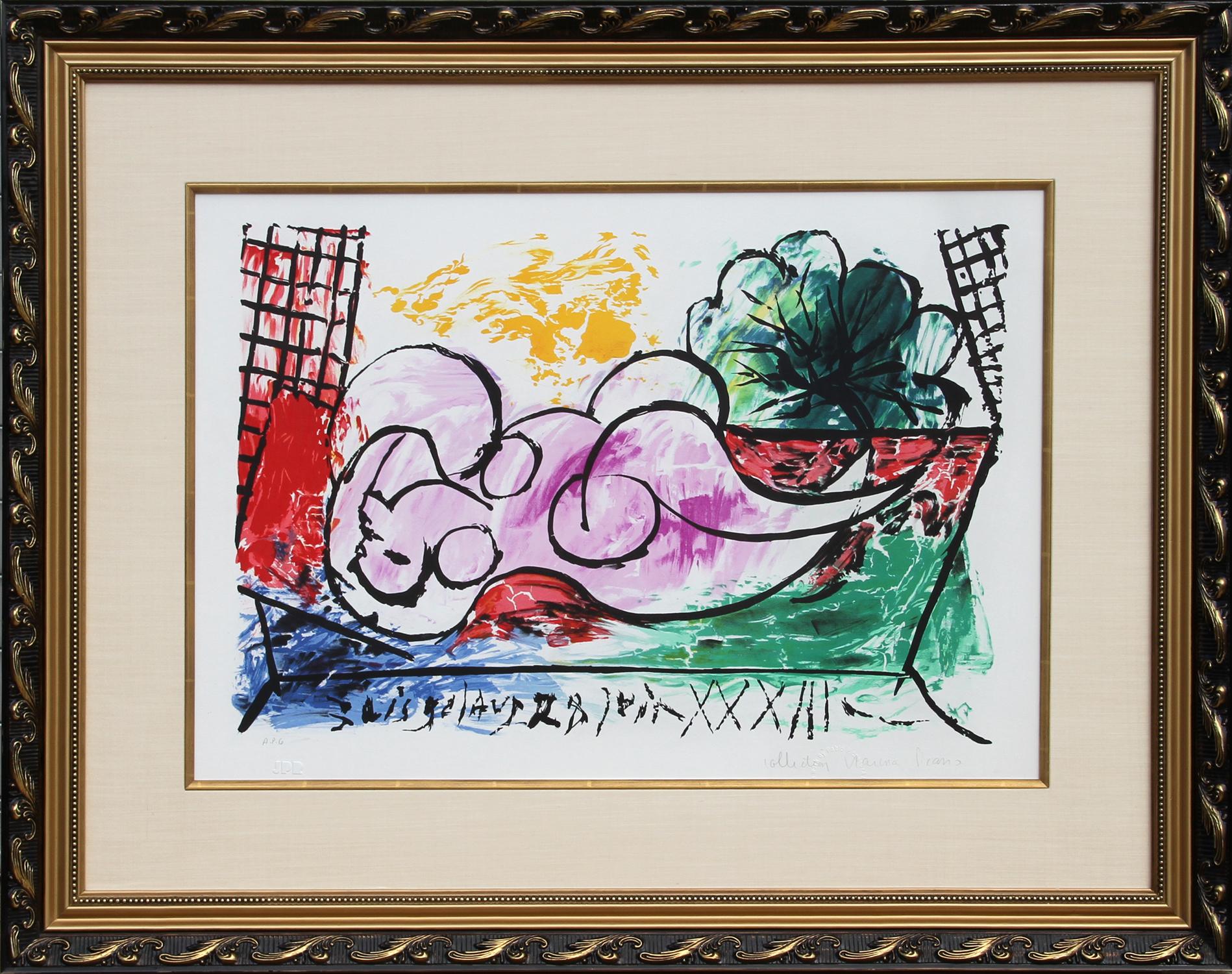 This Pablo Picasso print portrays a nude woman who has fallen asleep. The figure reclines backward toward the viewer, resting on her back. The artist's use of flowing line and the bright, soft colors enliven the composition even while the subject
