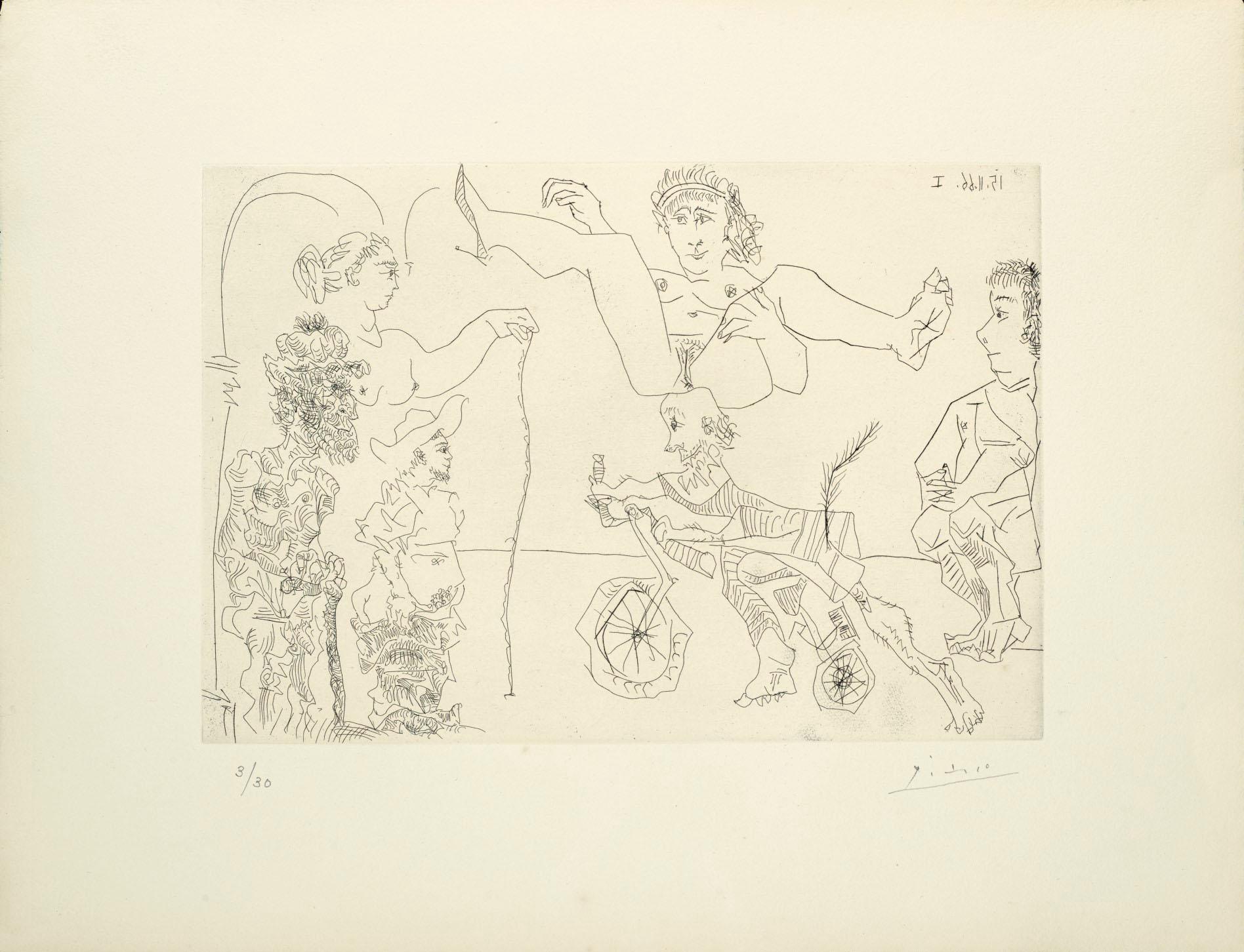 Pablo Picasso Figurative Print - Femme équilibriste enlevée par un vieillard barbu à bicyclette devant le cocu et
