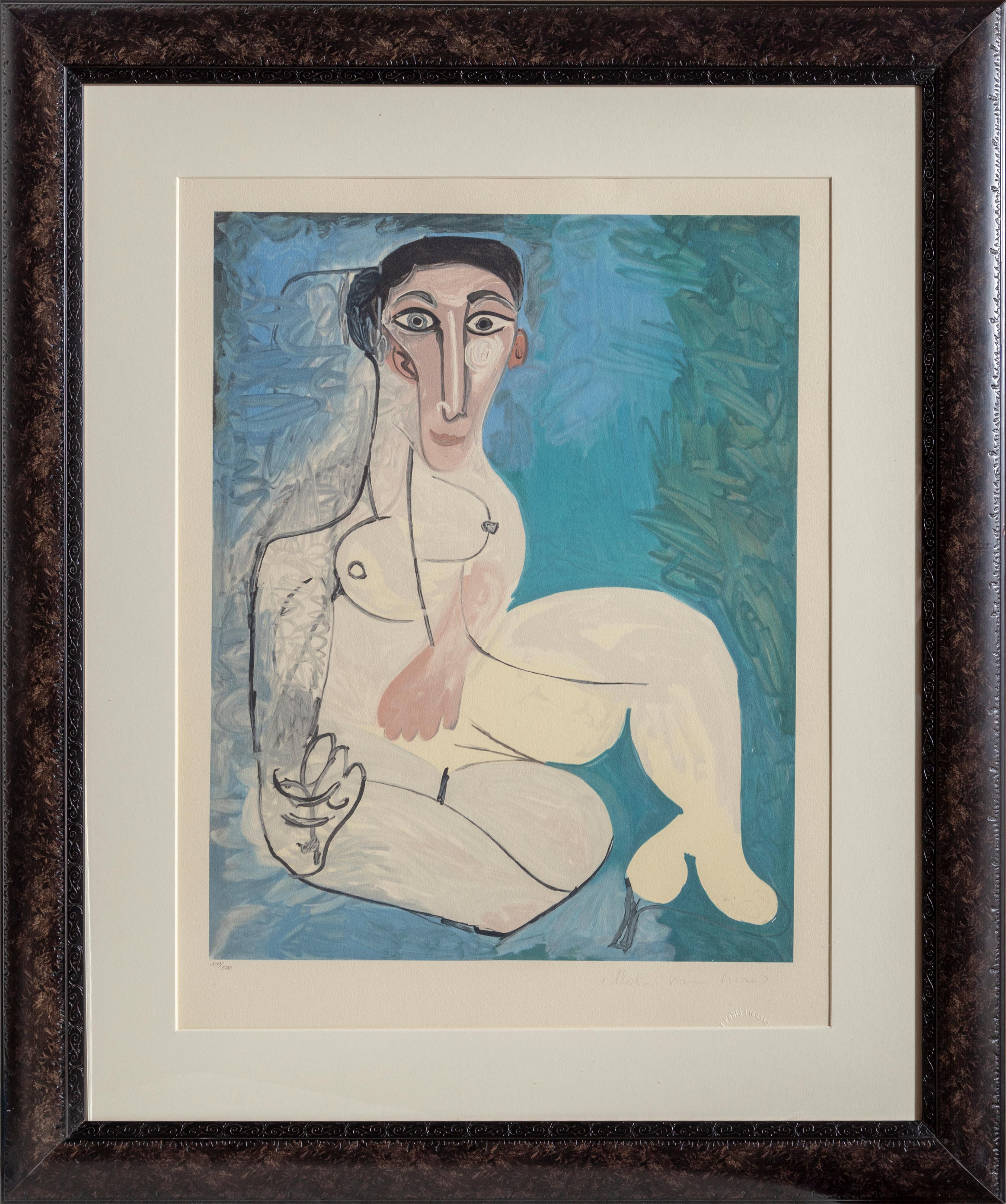 A lithograph from the Marina Picasso Estate Collection after the Pablo Picasso painting "Femme Nue Assise dans l'Herbe".  The original painting was completed in 1961. In the 1970's after Picasso's death, Marina Picasso, his granddaughter, authorized