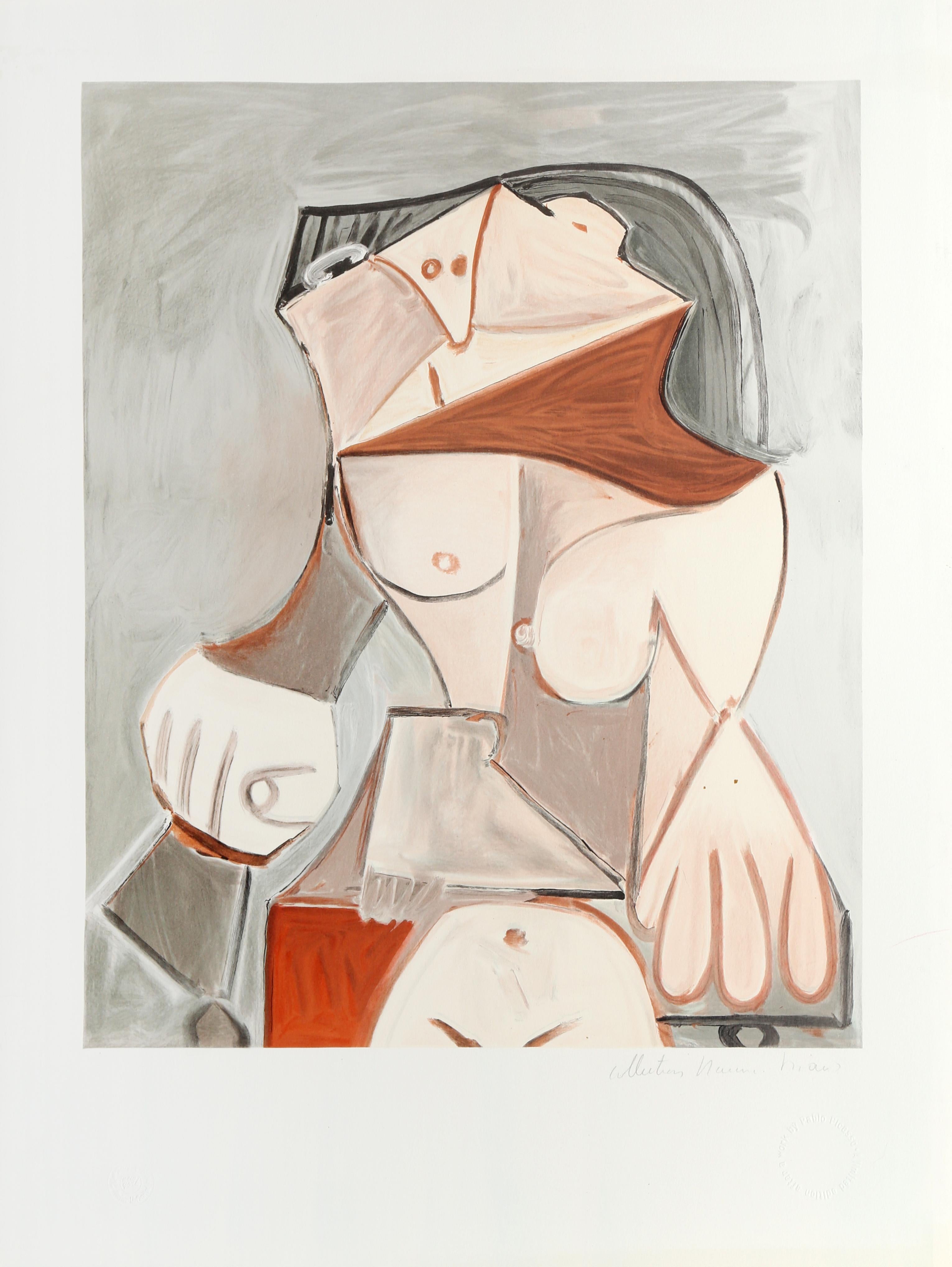 Reclining into an armchair, the nude woman in this print appears fragmented and reduced to angular shapes. While recognizable, the figure of the woman is seen through multiple perspectives and is represented in a more abstracted manner as a result.