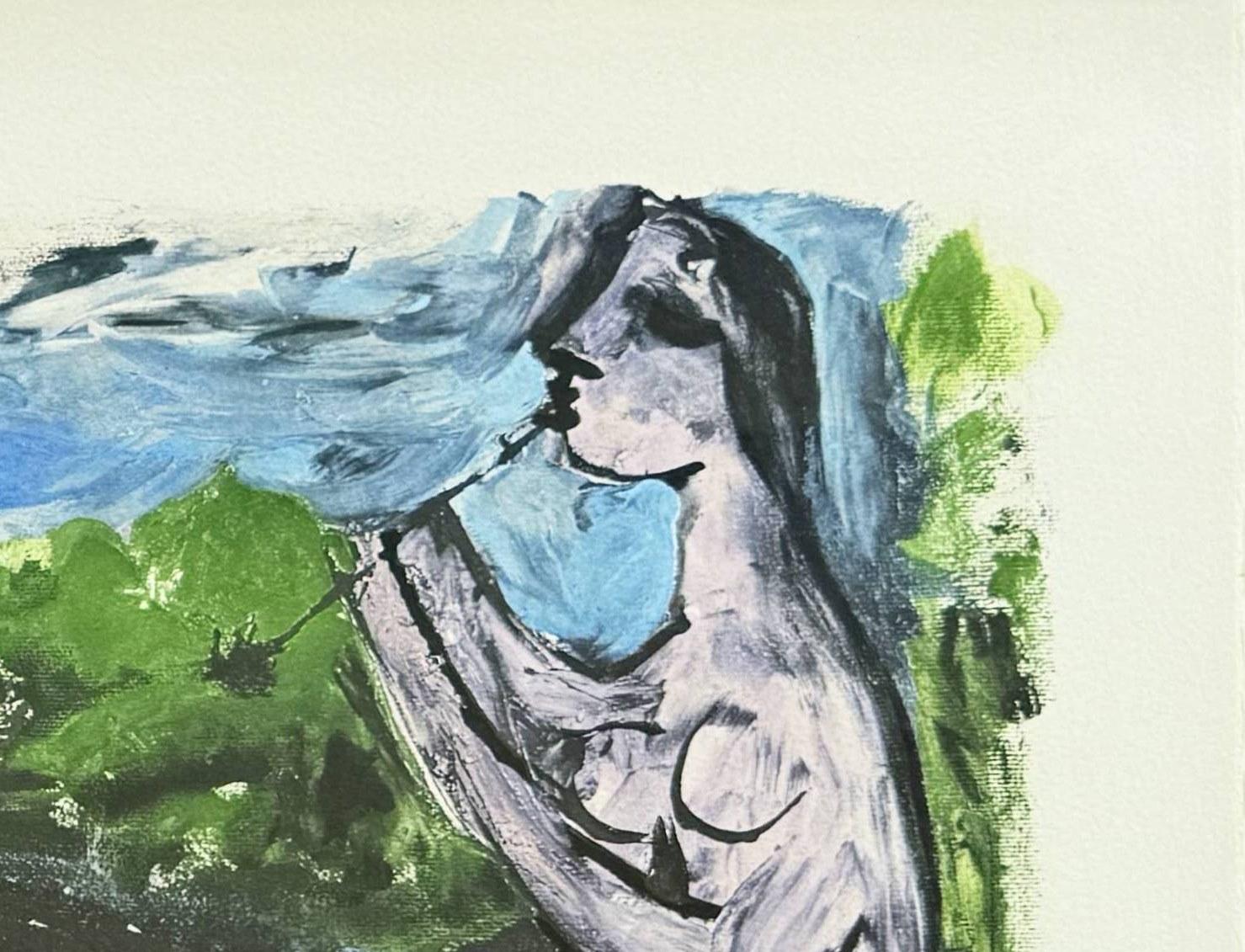 Femme nue couchée et joueur de flûte - Gray Print by Pablo Picasso