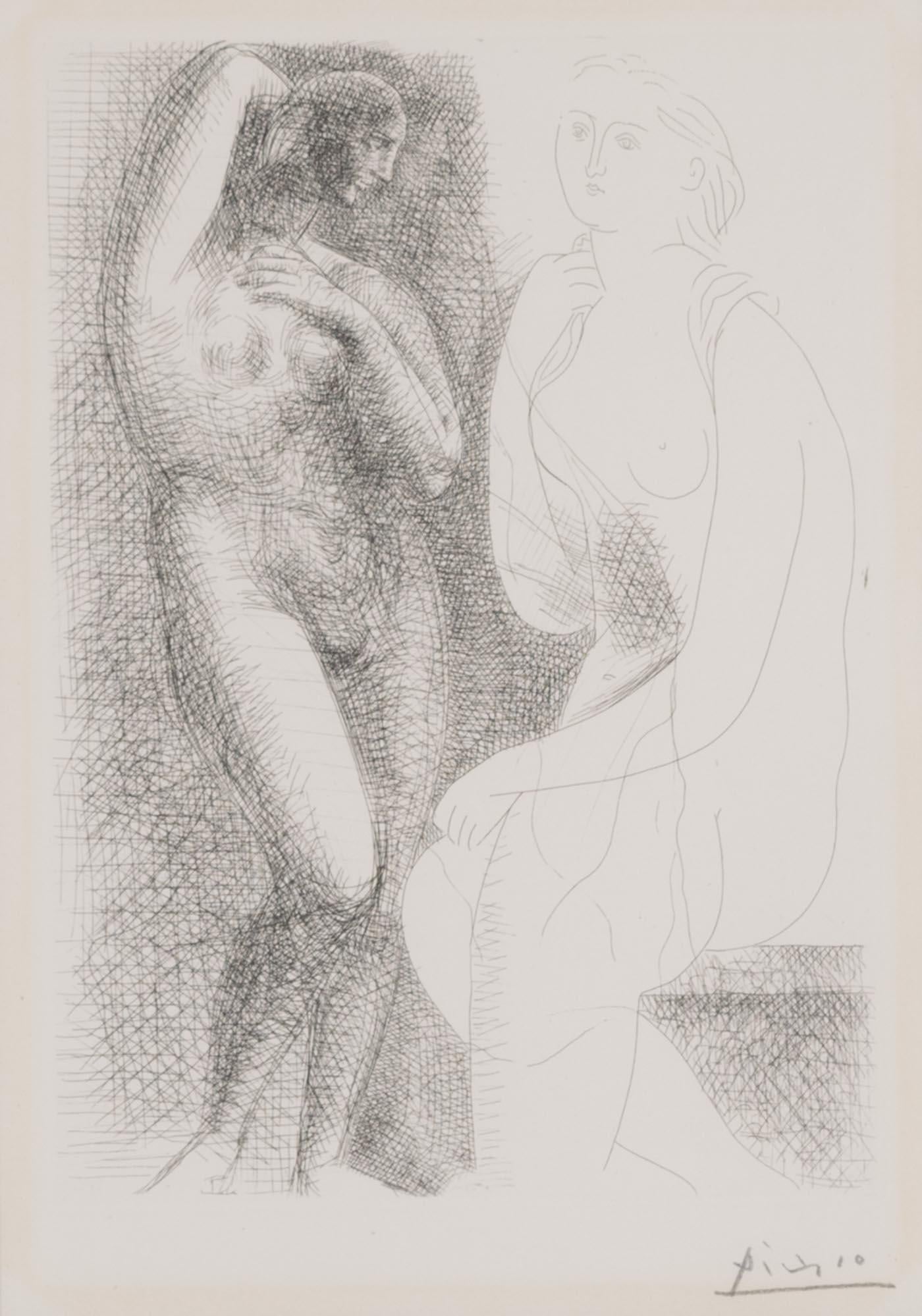 Pablo Picasso Abstract Print - Femme nue devant une Statue