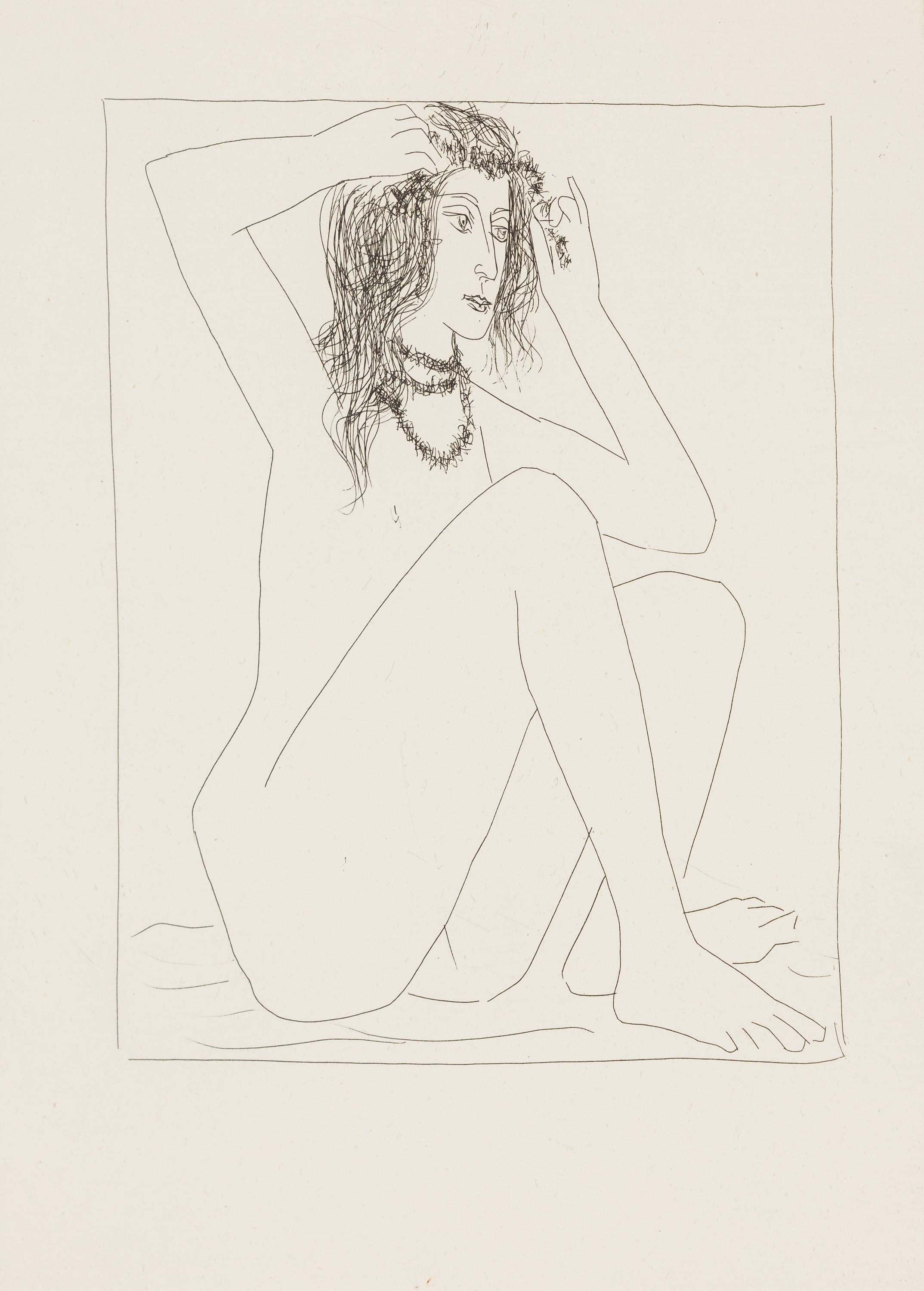 Pablo Picasso Nude Print – Eine Frau, die mit Blumen umworben wird