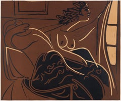 „Femme regardant par la fenetre“ (Frau, die aus dem Fenster schaut) – signierter Linolschnitt