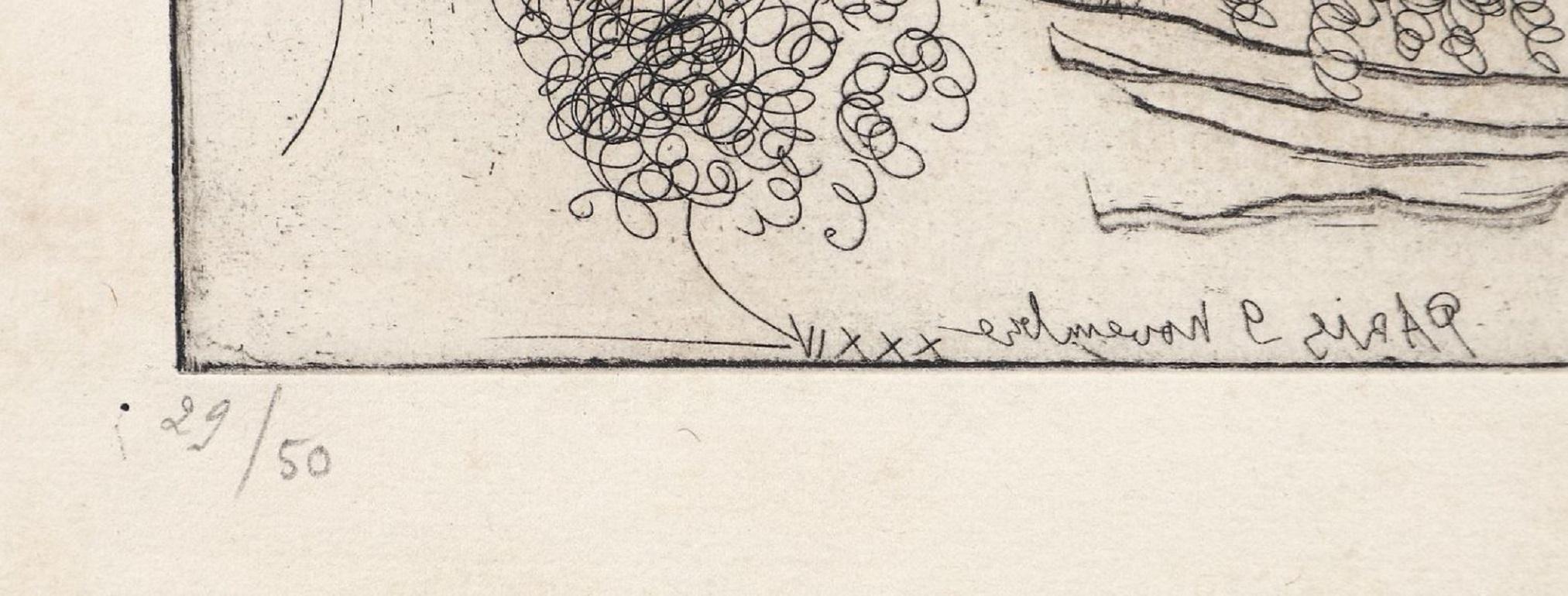 Etching and drypoint on laid paper, 1934. With Picasso's ink stamped signature lower right, and numbered 29/50 in pencil lower left. 

Image 12.25 x 8.75 inches, full sheet 19.5 x 13 inches. Printed by Jacques Frelaut, Paris,  and published by