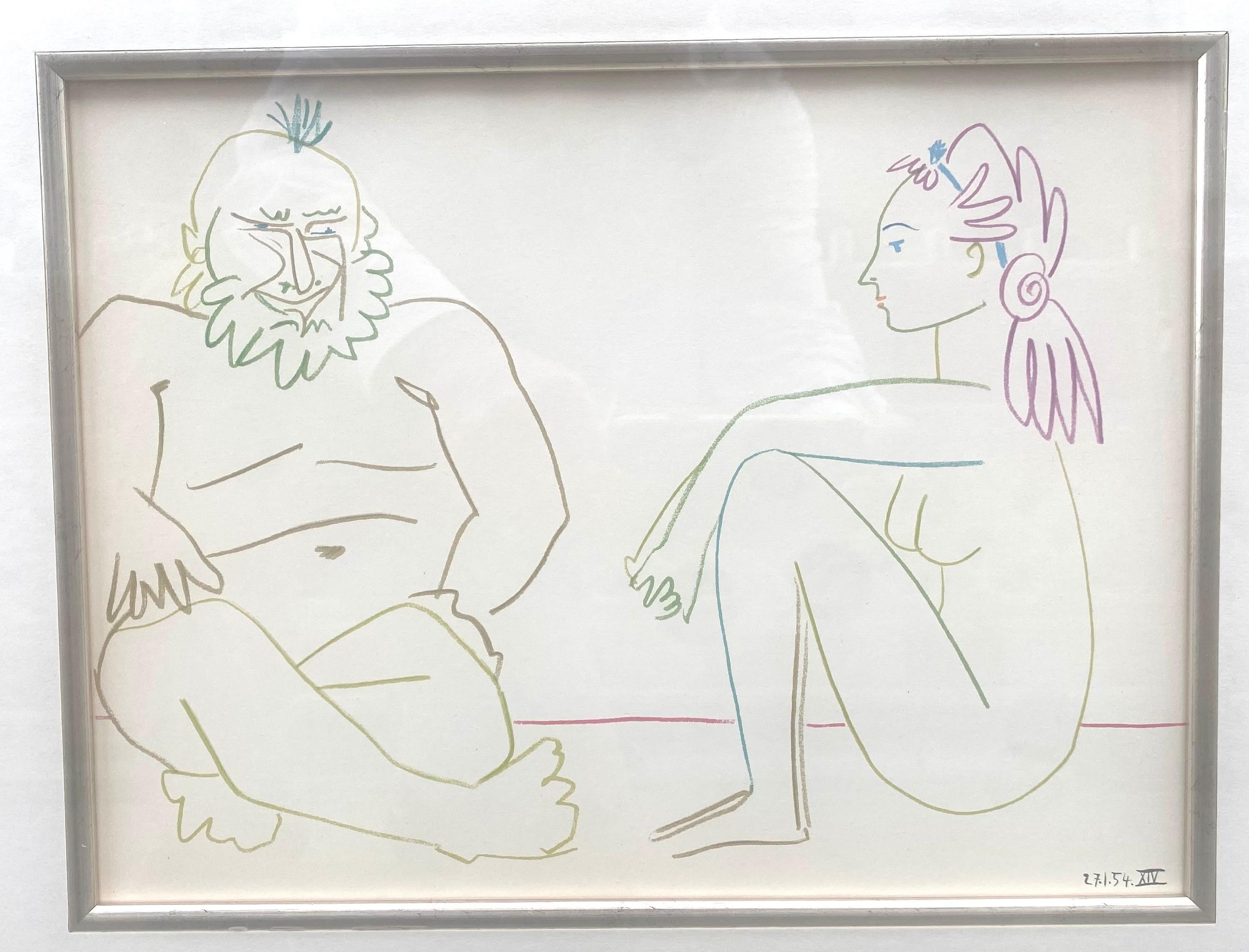 "Figure with Female Nude" is an oroginal lithograph taken from Picasso's Verve 29/30 series in 1954. It is printed by Mourlot in Paris, not signed, but from the same lithographic stone.  Dated. Limited edition 75. It comes beautifully framed with a