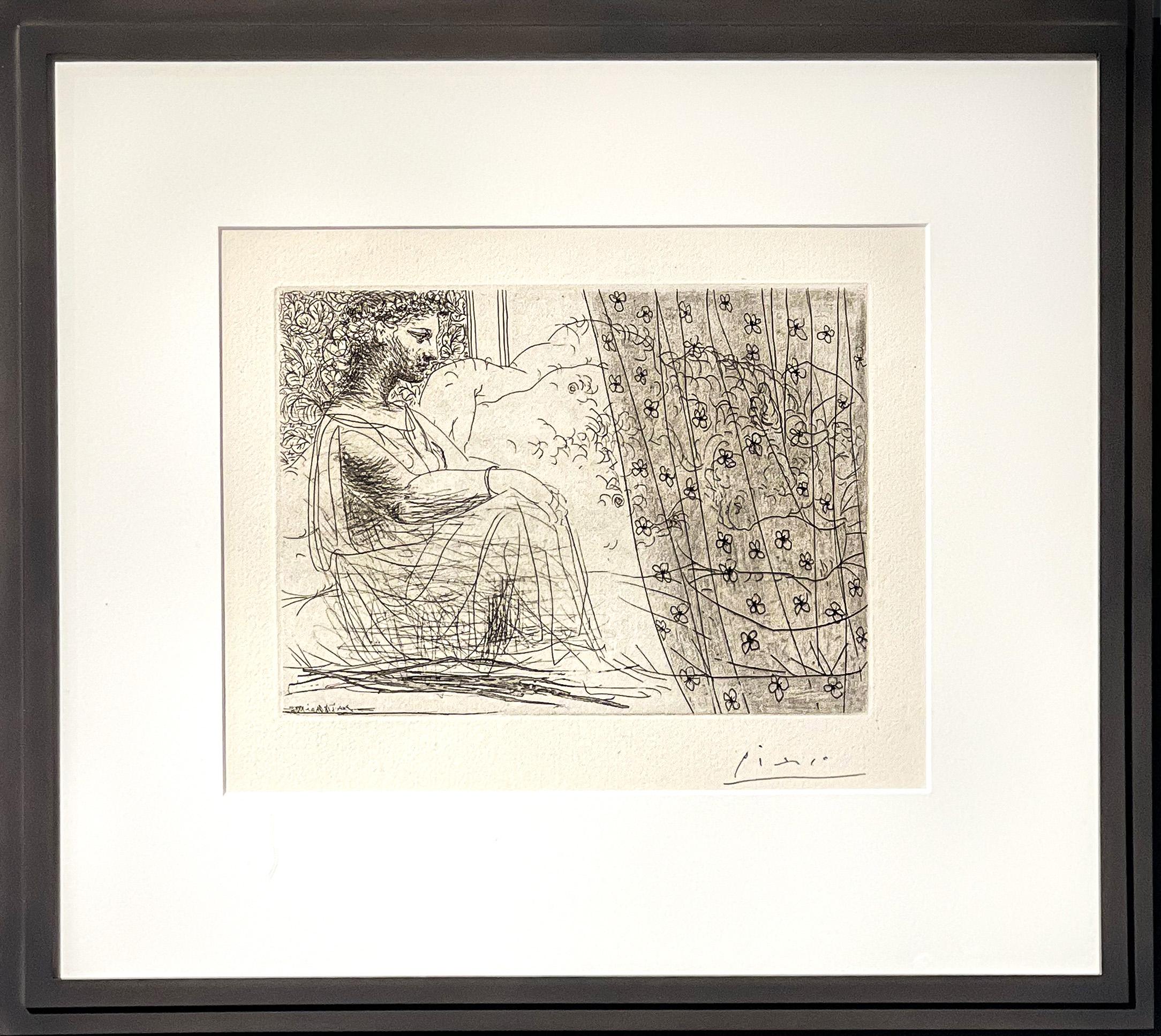 Aguafuerte figurativo de Picasso, "Minotaure Endormi Contemplé Par Une Femme", 1933