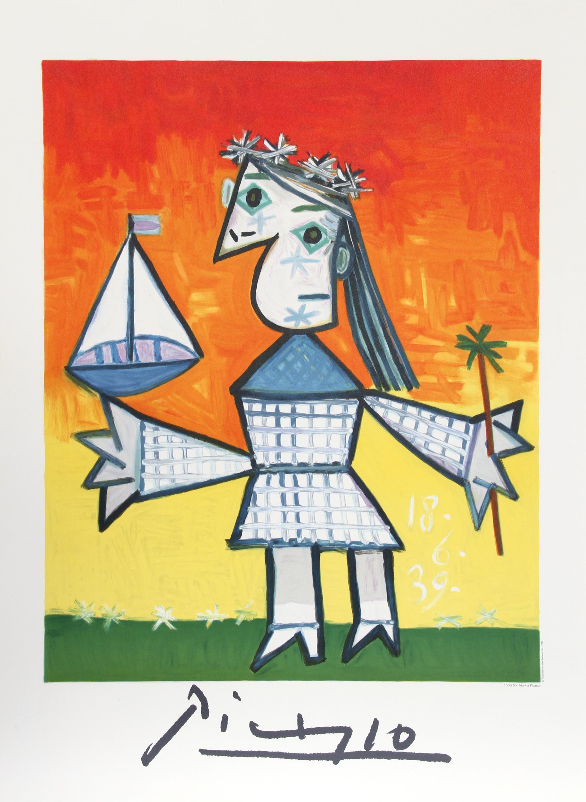 Affiche lithographique originale en édition limitée d'après le célèbre tableau de Pablo Picasso "Fillette Couronnée au Bateau". La peinture à l'huile a été achevée en 1939. Dans les années 1970, après la mort de Picasso, Marina Picasso, sa