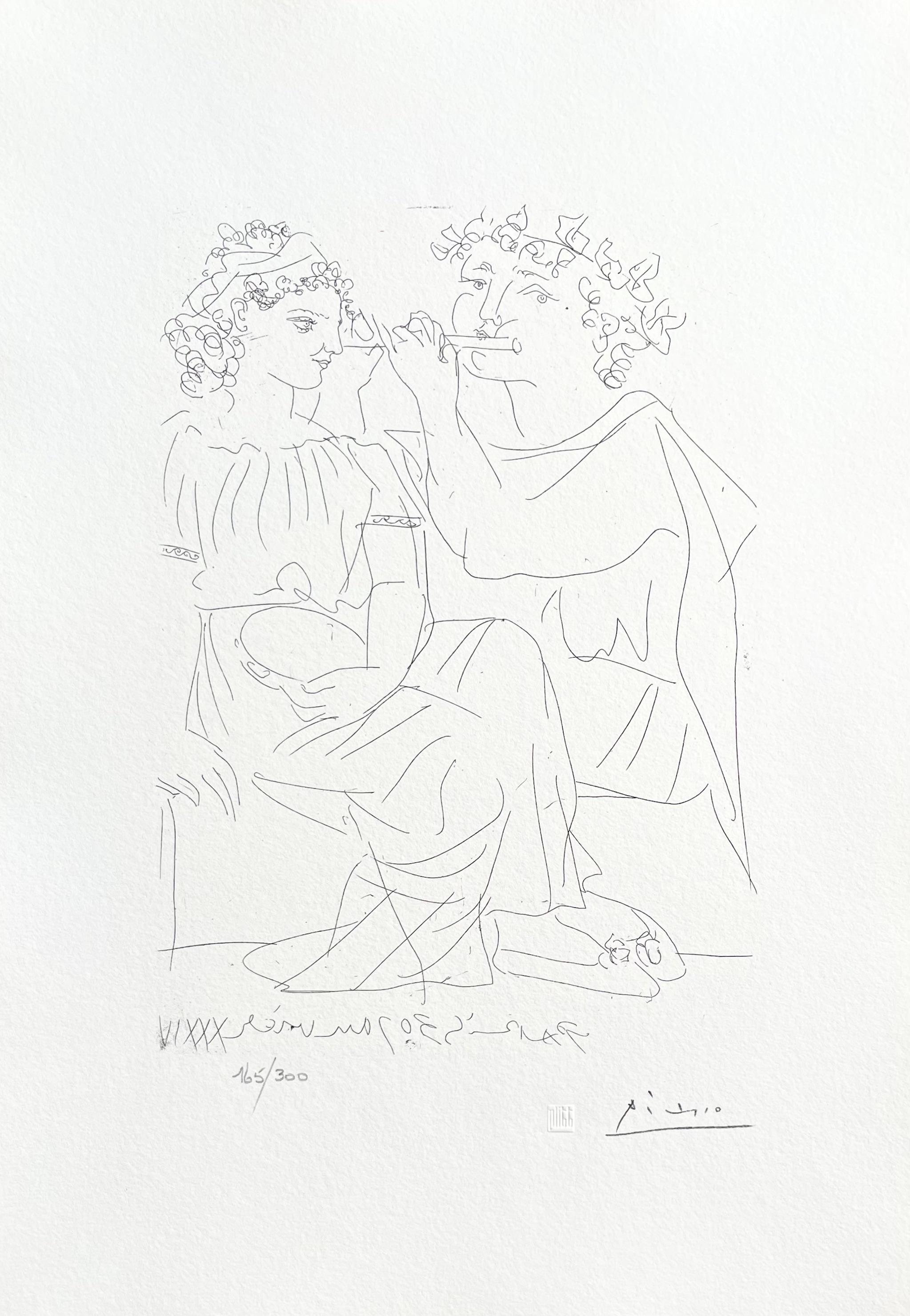 Picasso, Flûtiste et Jeune Fille au Tambourin (nach) – Print von Pablo Picasso