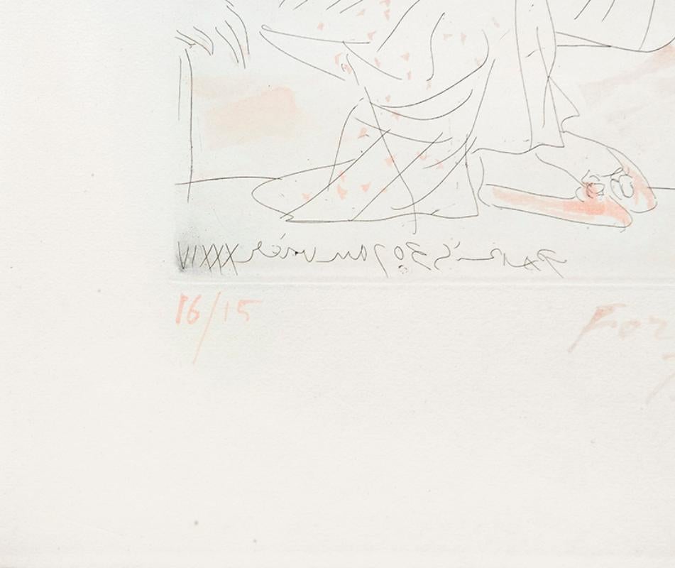 A rare etching, extensively hand-coloured in red ink by the artist, 1934, on wide margin Montval laid paper, signed, inscribed ‘For Lacourière’ and numbered 16/15 in the same red ink, 46 x 35.2 cm. (18.1 x 13.8 in). Brigitte Baer states that Picasso