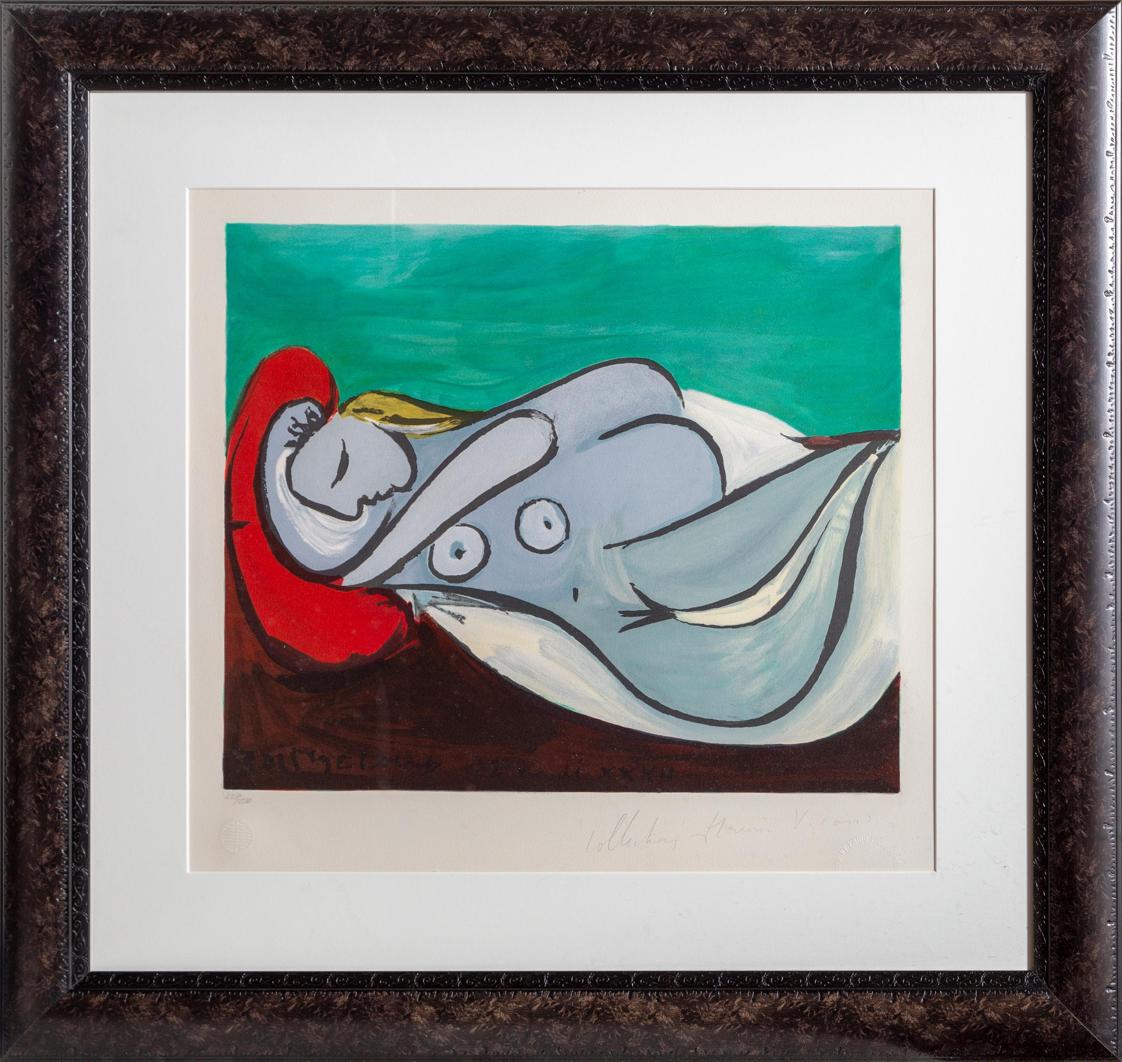A lithograph from the Marina Picasso Estate Collection after the Pablo Picasso painting "Formeuse a l'Oreiller (Marie-Therese Walter)".  The original painting was completed in 1932. In the 1970's after Picasso's death, Marina Picasso, his