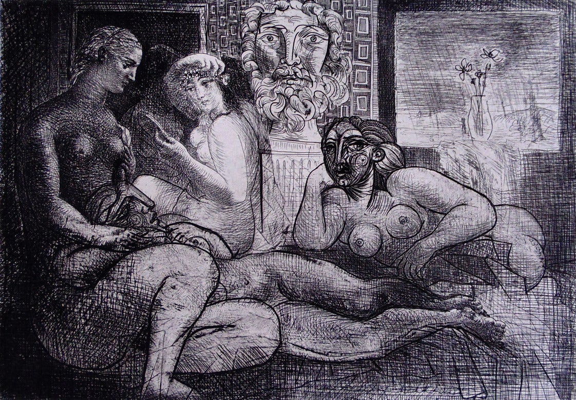 Pablo Picasso Portrait Print - Four Nude Women and a Sculpted Head, from: Suite Vollard - Modern Portraits 