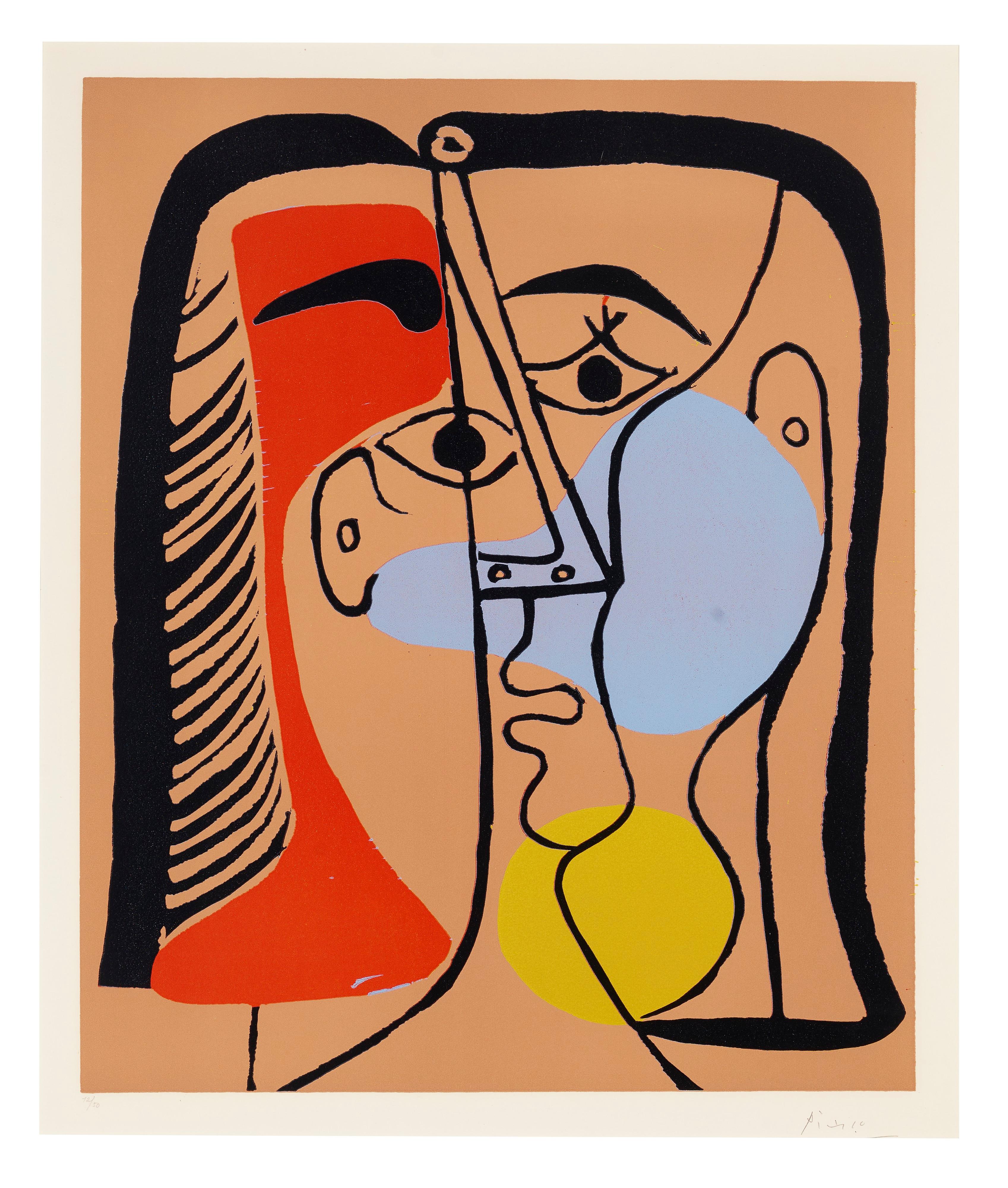 PABLO PICASSO (1881-1973)
Grand Tête (Portrait de Jacqueline aux Cheveux lisses)
linolschnitt in Farben, auf Arches-Papier, 1962, 
mit Bleistift signiert, nummeriert 12/50,
vollrandig, blasse Passepartoutflecken, sonst gut erhalten, gerahmt. 
Bloch