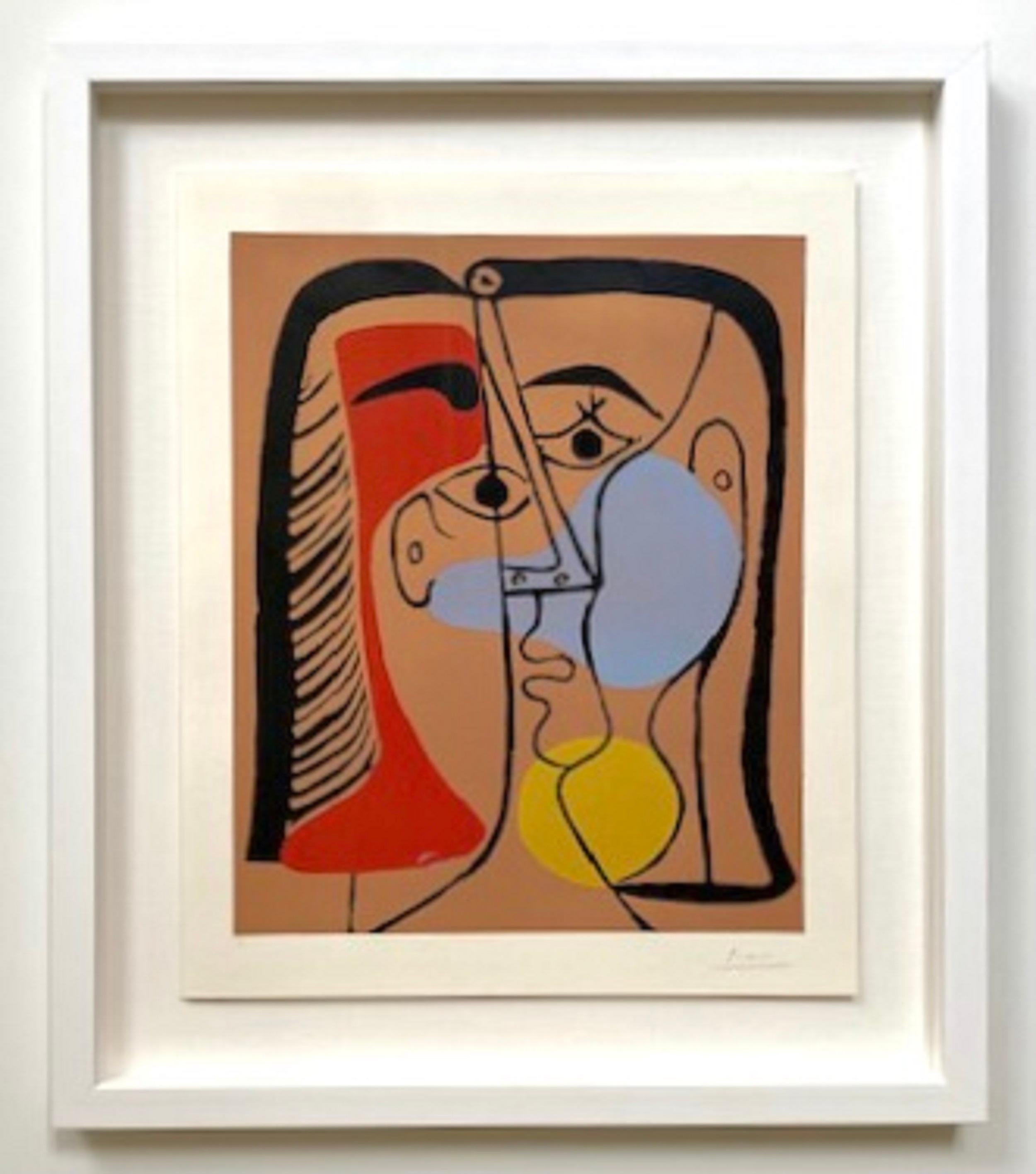 PABLO PICASSO (1881-1973)
Grand Tête (Retrato de Jacqueline con los pómulos lisos)
linograbado en colores, sobre papel Arches, 1962, 
firmado a lápiz, numerado ##/50,
con márgenes completos, manchas pálidas en el mate, por lo demás en buen estado,