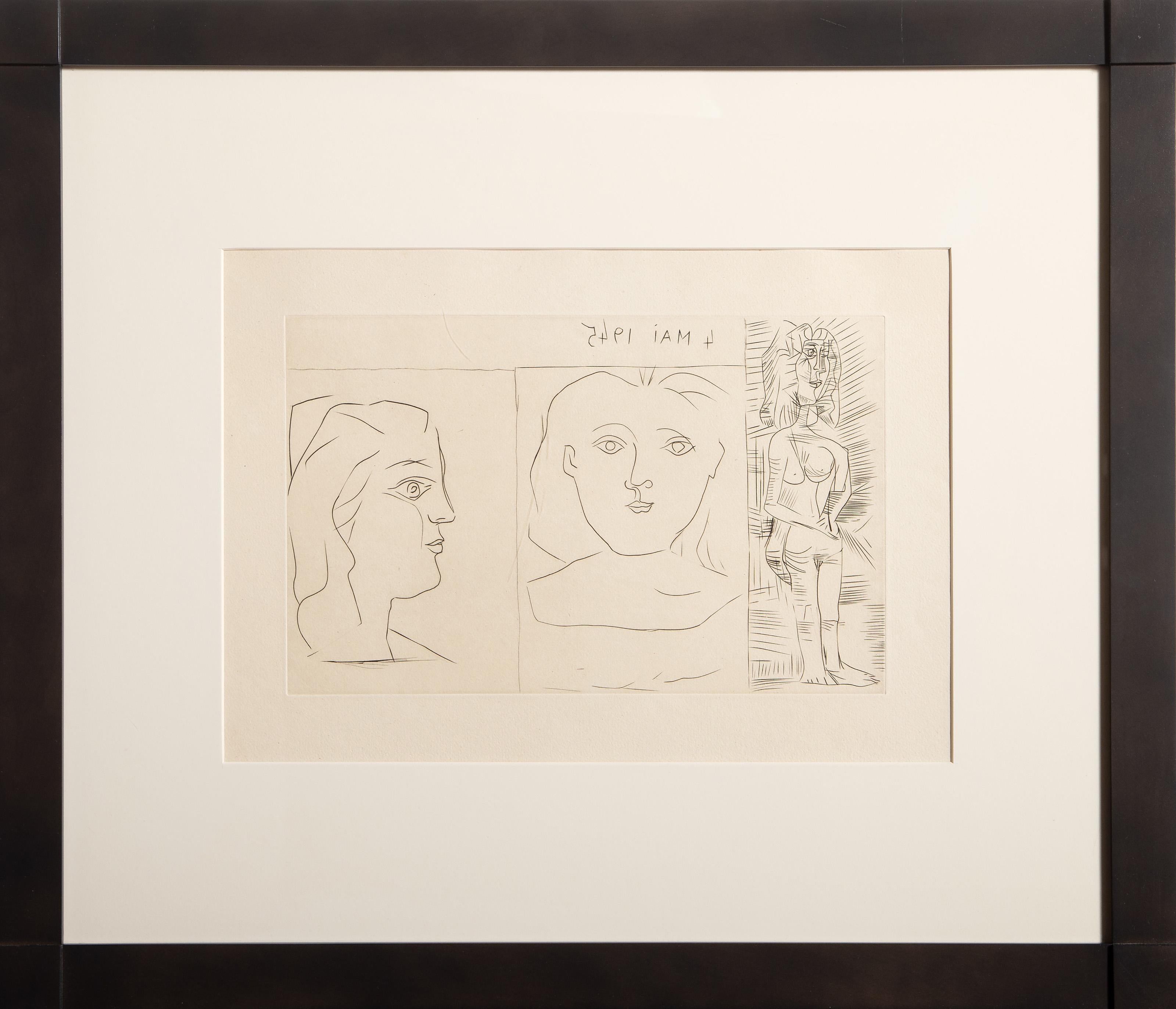  Pablo Picasso, Spanish (1881 - 1973) - Gravure Au Burin 1945, Year: 1945, Medium: Etching, Edition: 50 (edition not marked), Image Size: 8.75 x 13.75 inches, Size: 12.5 x 18.25 in. (31.75 x 46.36 cm), Frame Size: 22.5 x 26.75 inches, Reference: