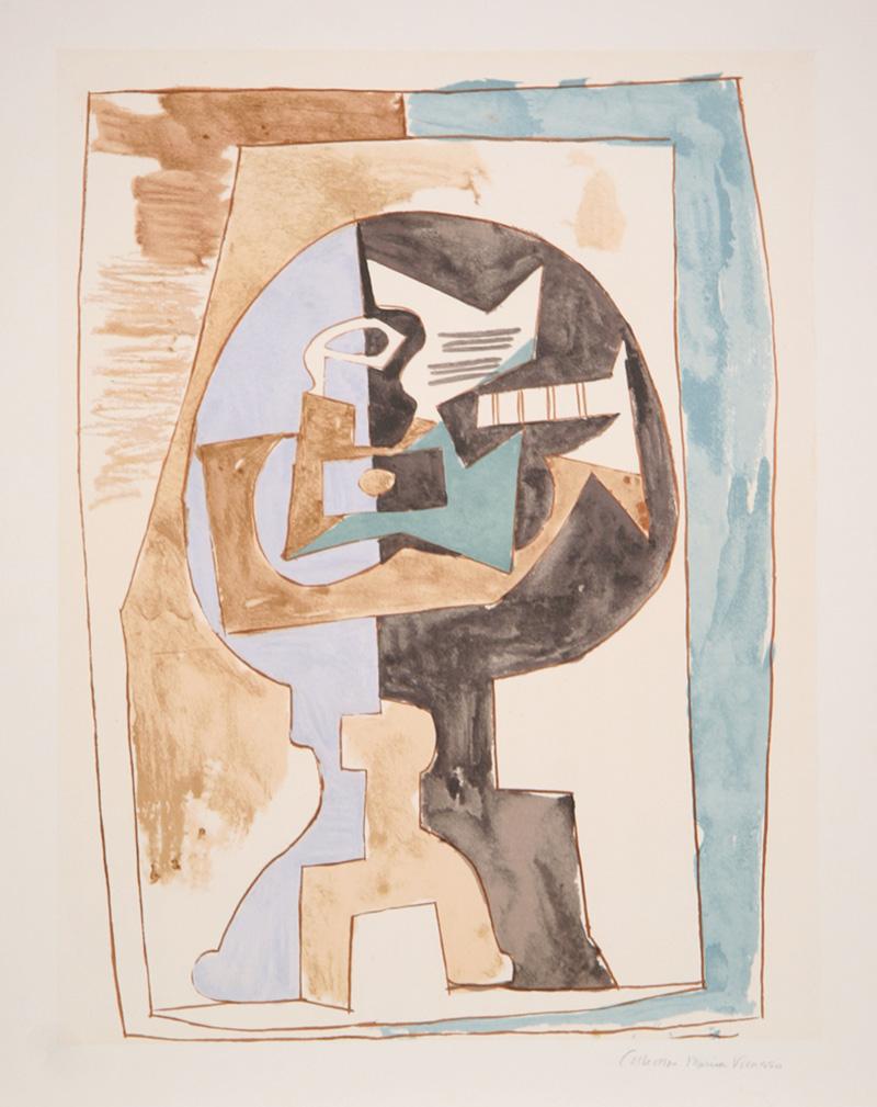 Rendered in neutral hues and light blue, the guitar accompanied by the column and table are comprised of geometric shapes often found in Pablo Picasso's Cubist work. A lithograph from the Marina Picasso Estate Collection after the Pablo Picasso