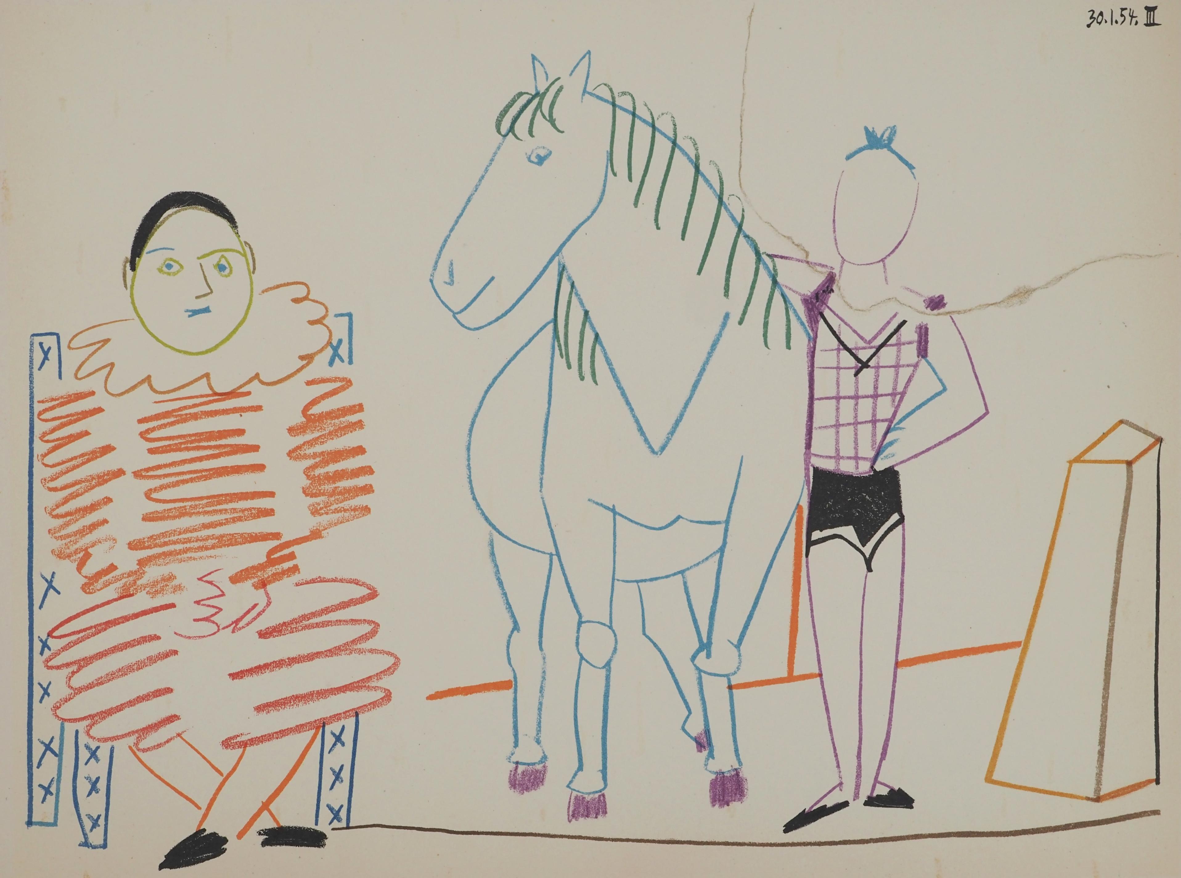 Harlekin und der Pferdetrainer – Lithographie (Mourlot) – Print von Pablo Picasso